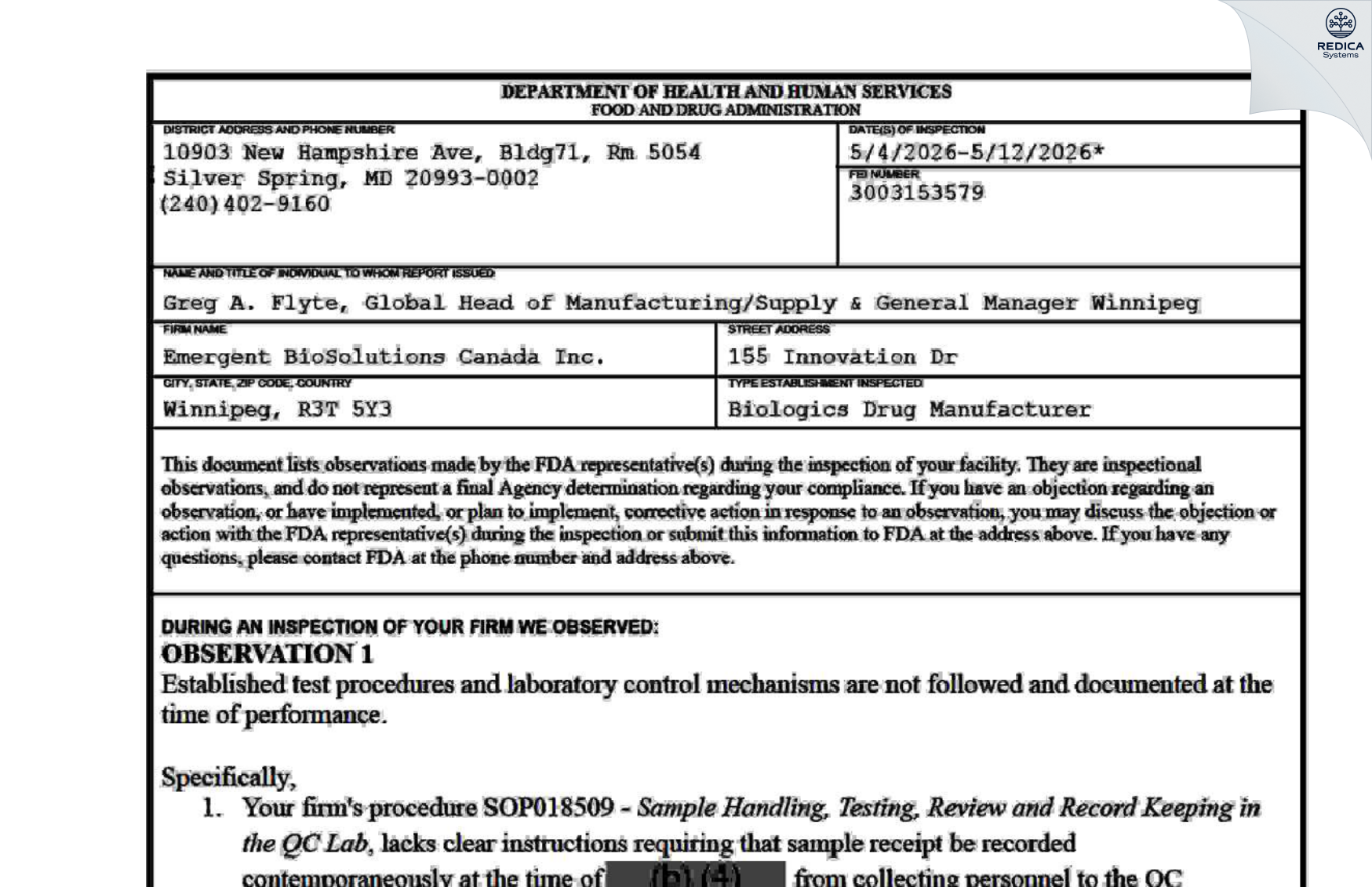 FDA 483 - Emergent BioSolutions Canada Inc [Winnipeg / Canada] - Download PDF - Redica Systems