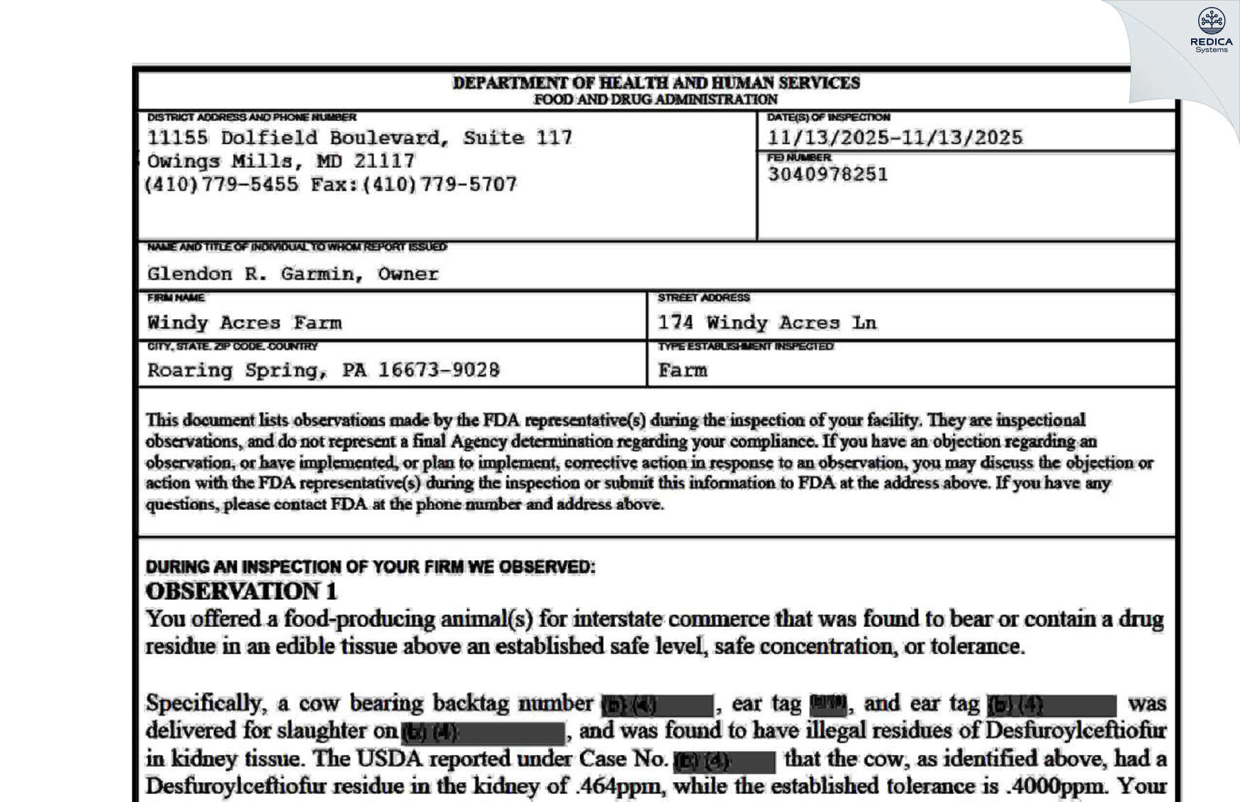 FDA 483 - Windy Acres Farm [Roaring Spring / United States of America] - Download PDF - Redica Systems
