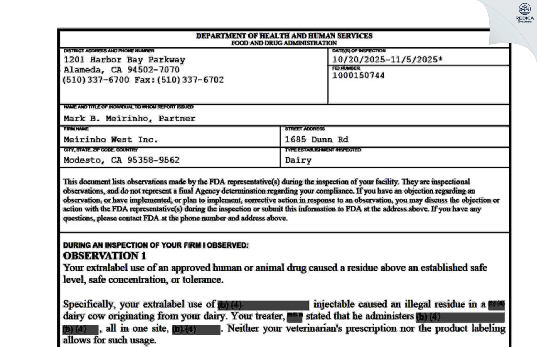 FDA 483 - Meirinho Dairy, Tony [Modesto / United States of America] - Download PDF - Redica Systems