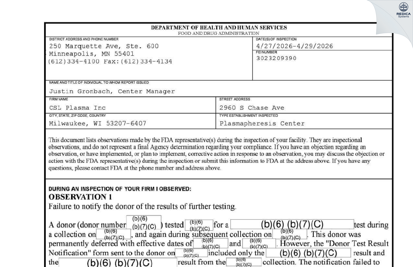 FDA 483 - CSL Plasma Inc [Milwaukee / United States of America] - Download PDF - Redica Systems