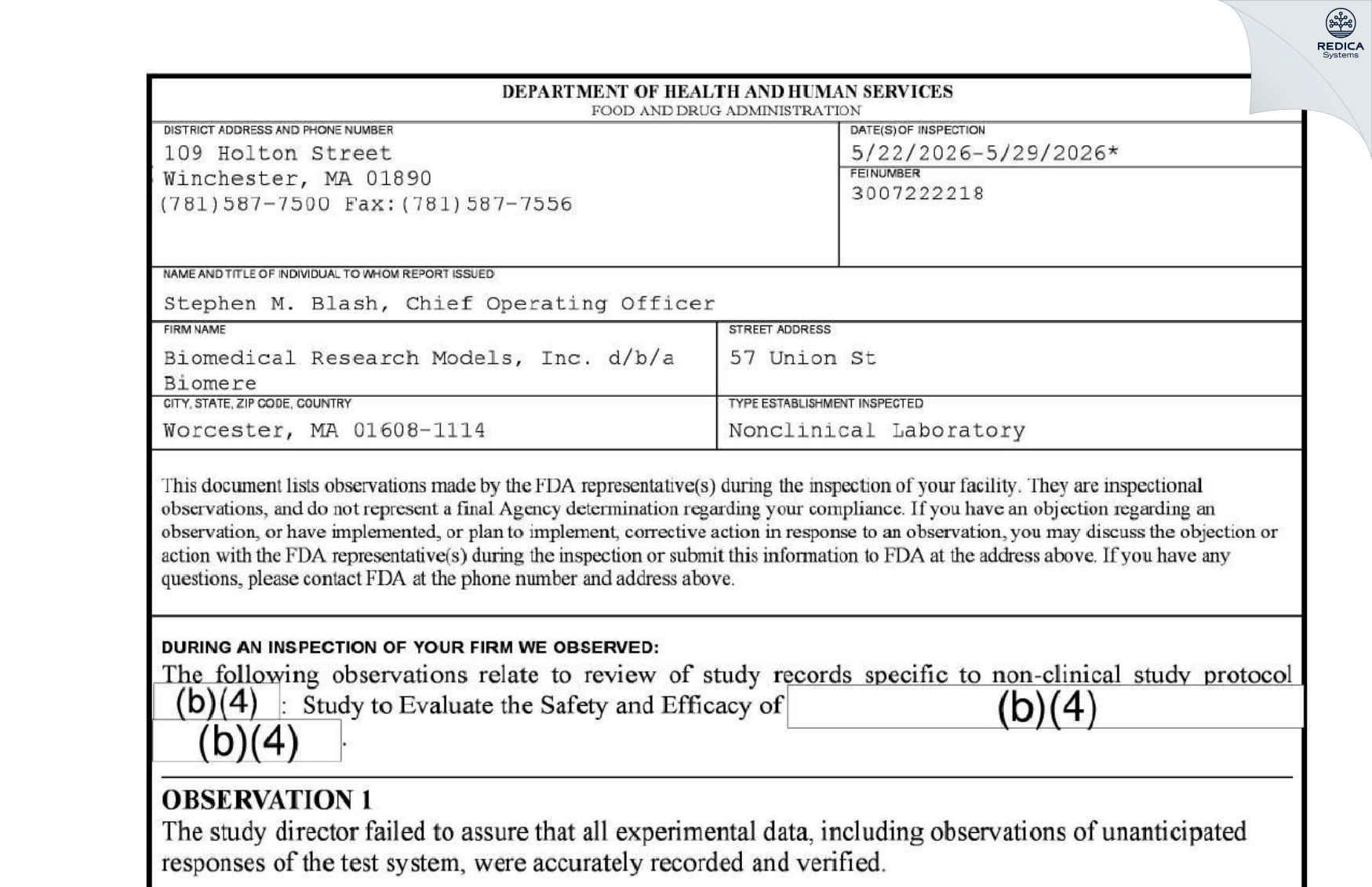 FDA 483 - Biomedical Research Models, Inc. d/b/a Biomere [Worcester / United States of America] - Download PDF - Redica Systems