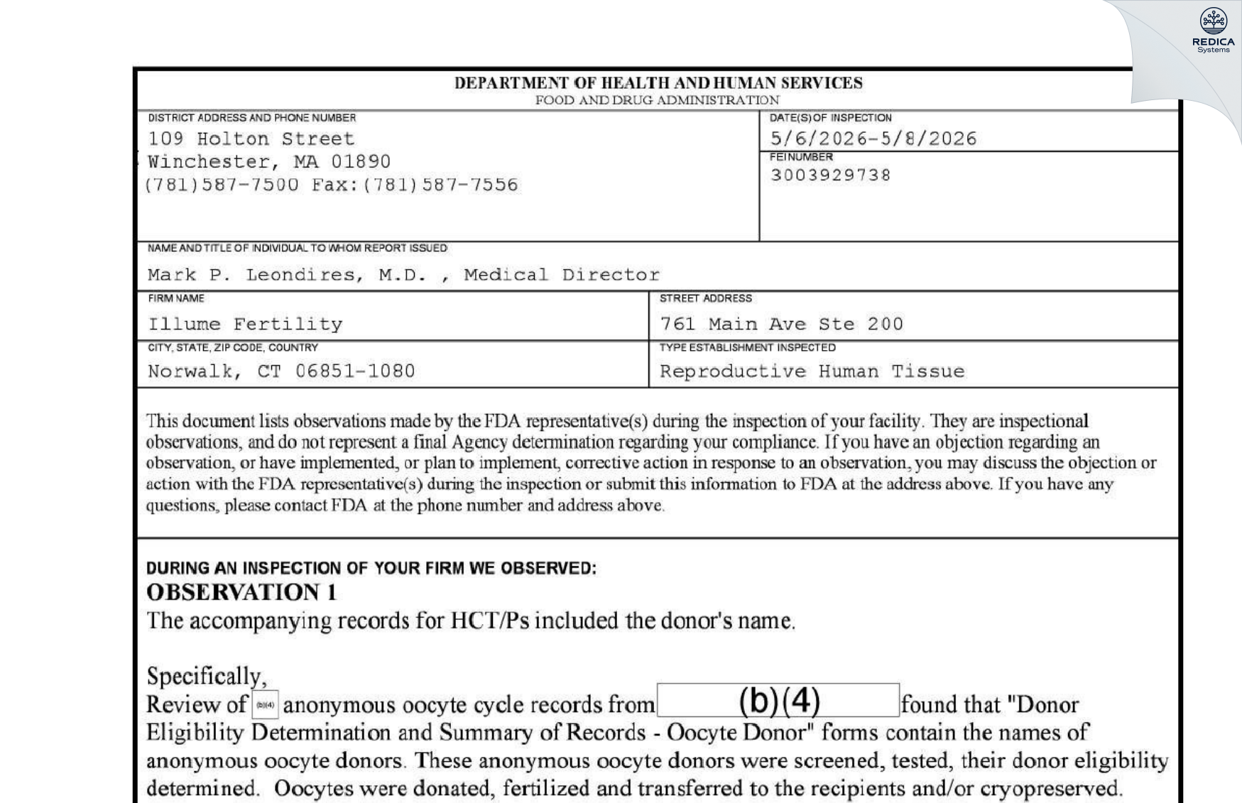 FDA 483 - Illume Fertility [Norwalk / United States of America] - Download PDF - Redica Systems