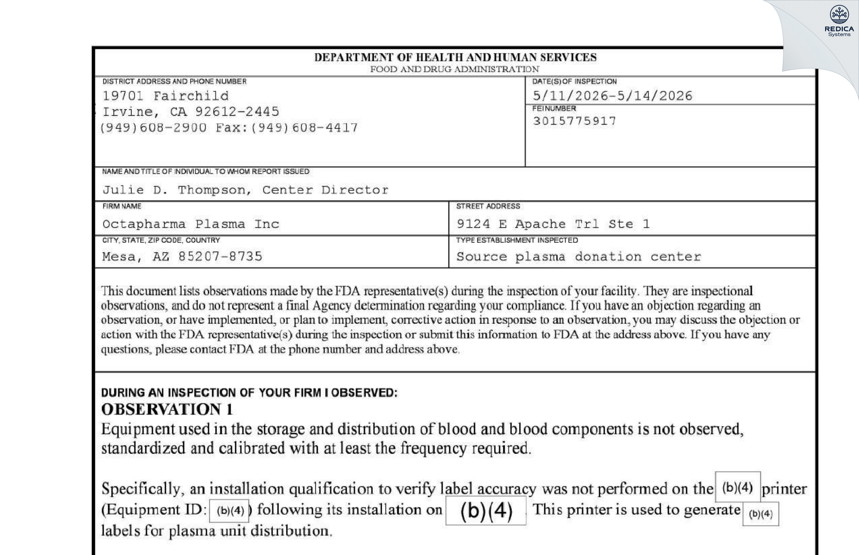 FDA 483 - Octapharma Plasma Inc [Mesa / United States of America] - Download PDF - Redica Systems