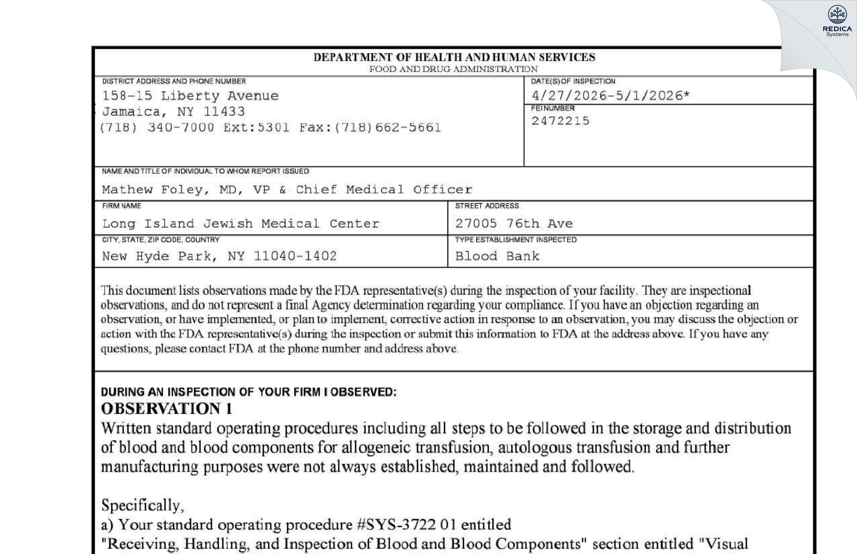 FDA 483 - Long Island Jewish Medical Center [New Hyde Park / United States of America] - Download PDF - Redica Systems