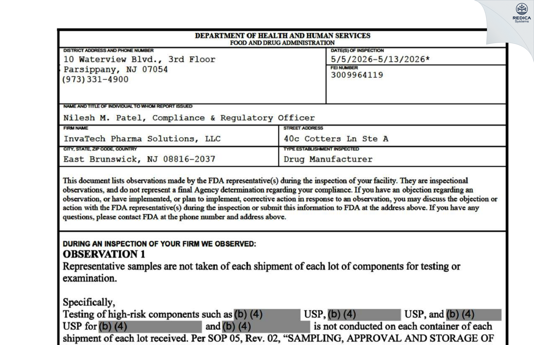 FDA 483 - InvaTech Pharma Solutions LLC [East Brunswick / United States of America] - Download PDF - Redica Systems