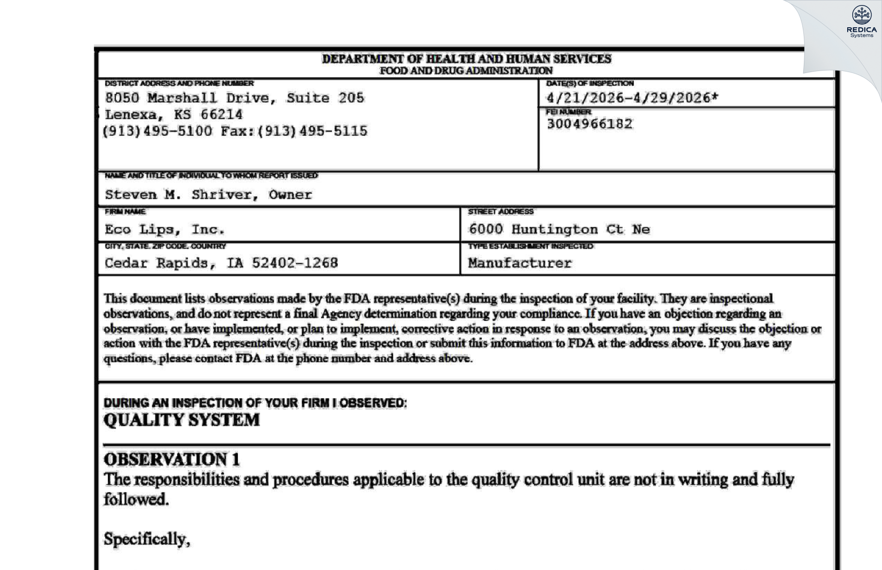 FDA 483 - Eco Lips, Inc. [Cedar Rapids / United States of America] - Download PDF - Redica Systems
