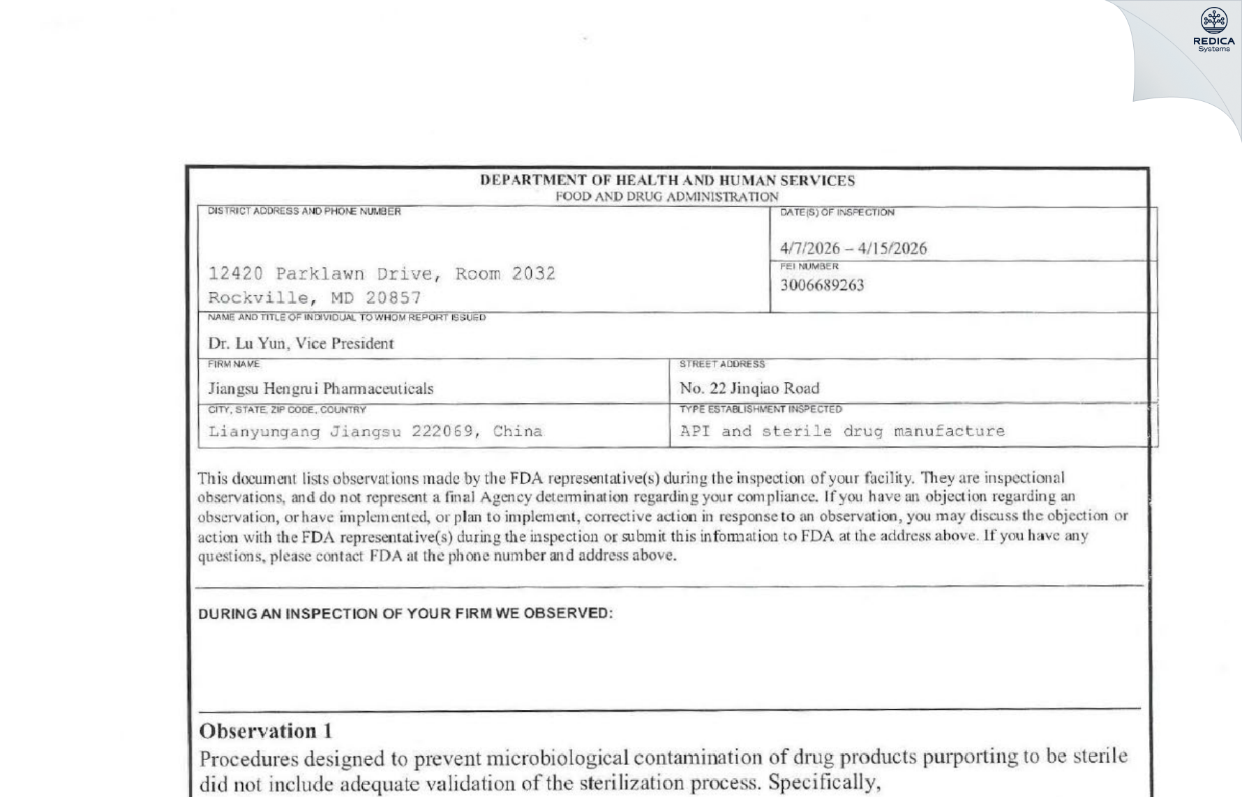 FDA 483 - Jiangsu Hengrui Pharmaceuticals Co., Ltd. (Jinqiao Road Site) [Lianyungang / China] - Download PDF - Redica Systems