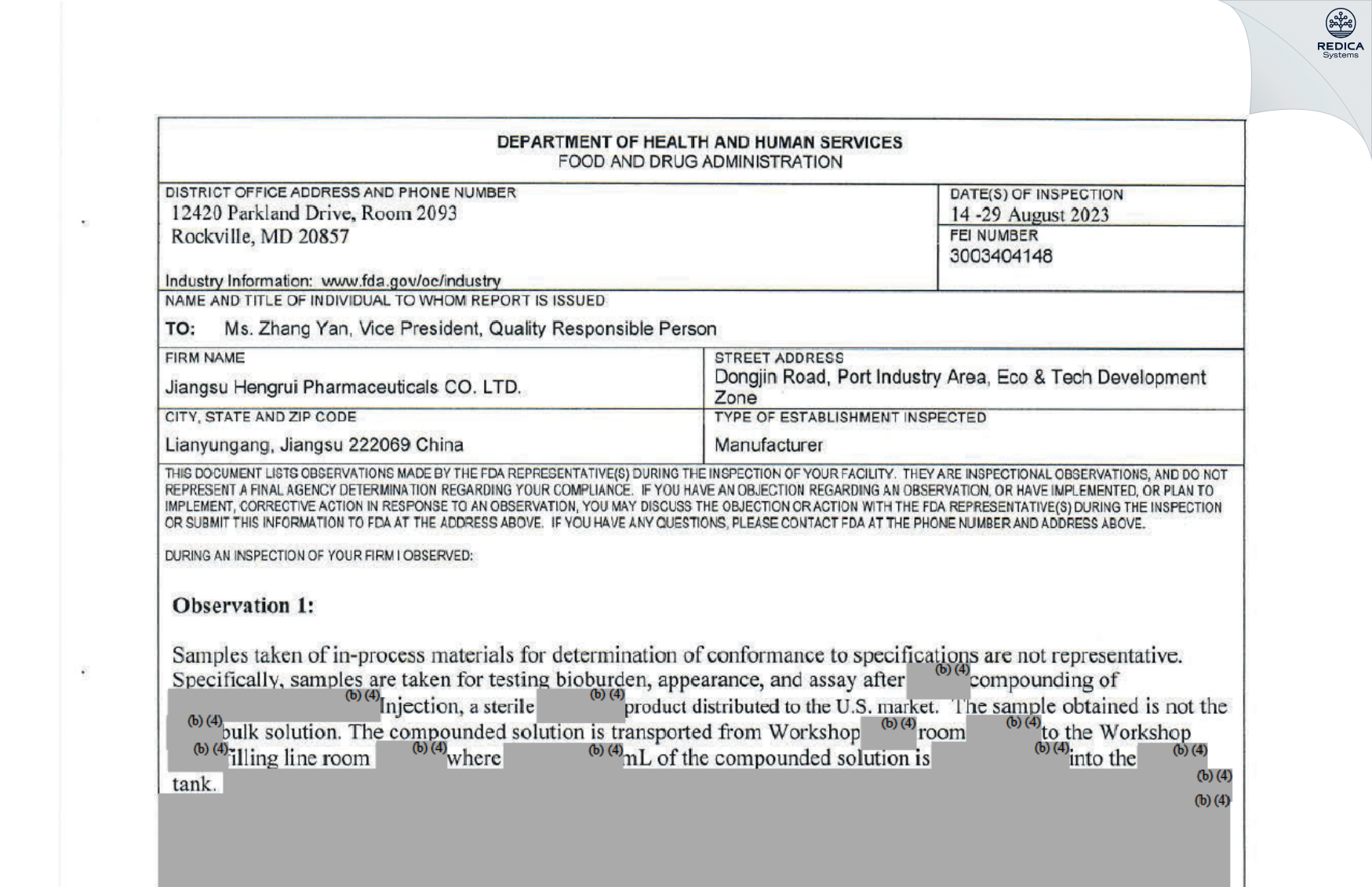 FDA 483 - Jiangsu Hengrui Pharmaceuticals Co., Ltd. (Dongjin Road Site) [Lianyungang / China] - Download PDF - Redica Systems