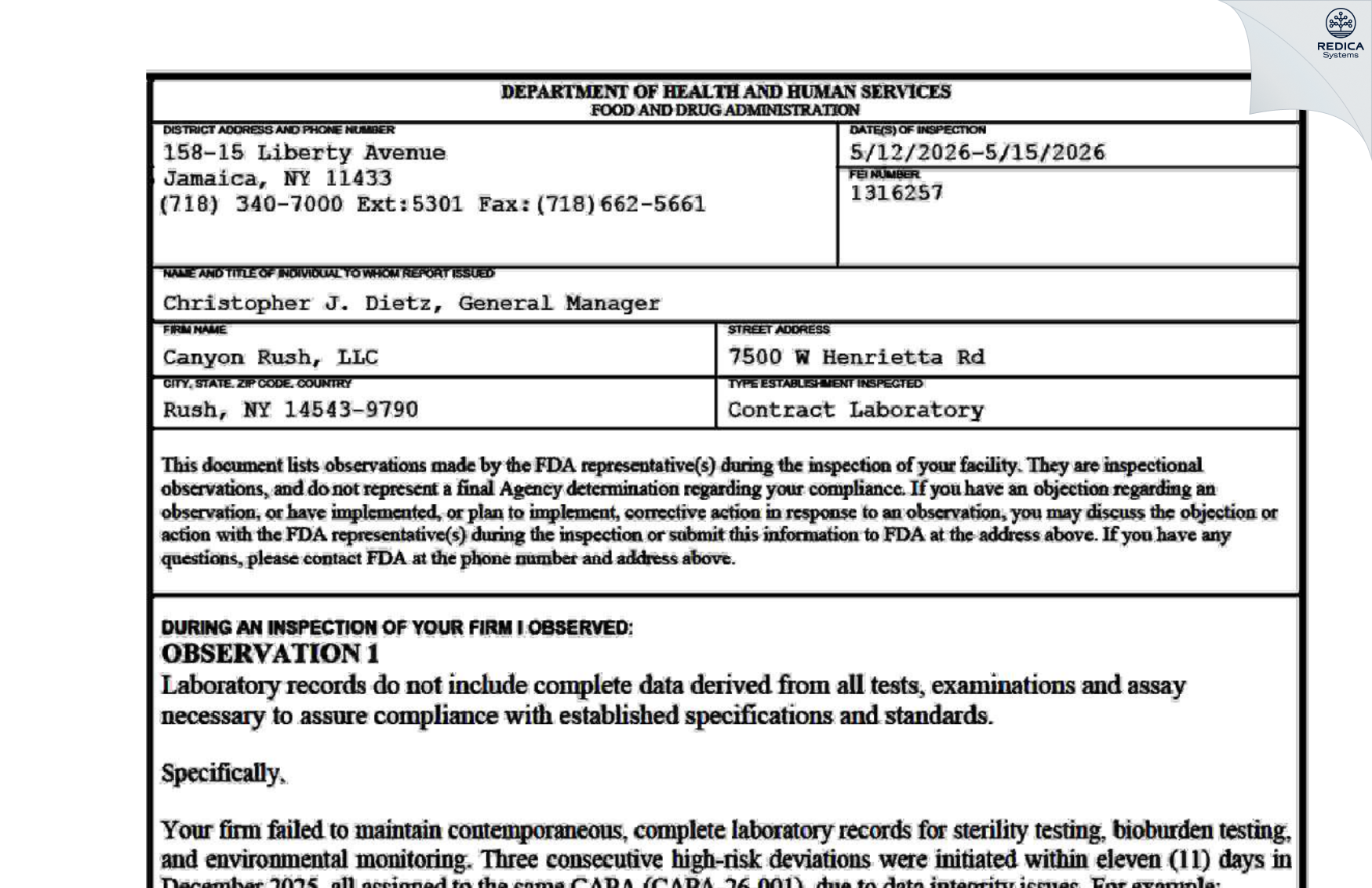 FDA 483 - Canyon Rush, LLC [Rush / United States of America] - Download PDF - Redica Systems
