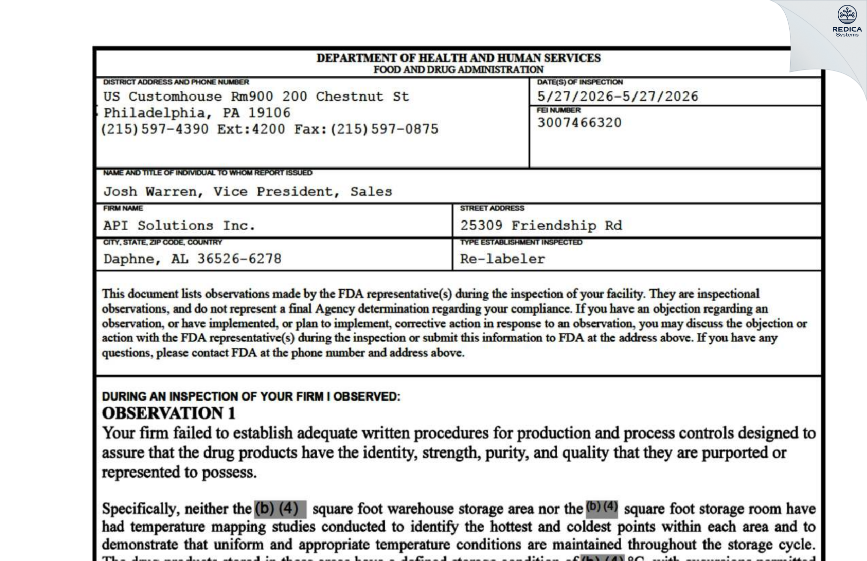FDA 483 - API Solutions Inc. [Daphne / United States of America] - Download PDF - Redica Systems