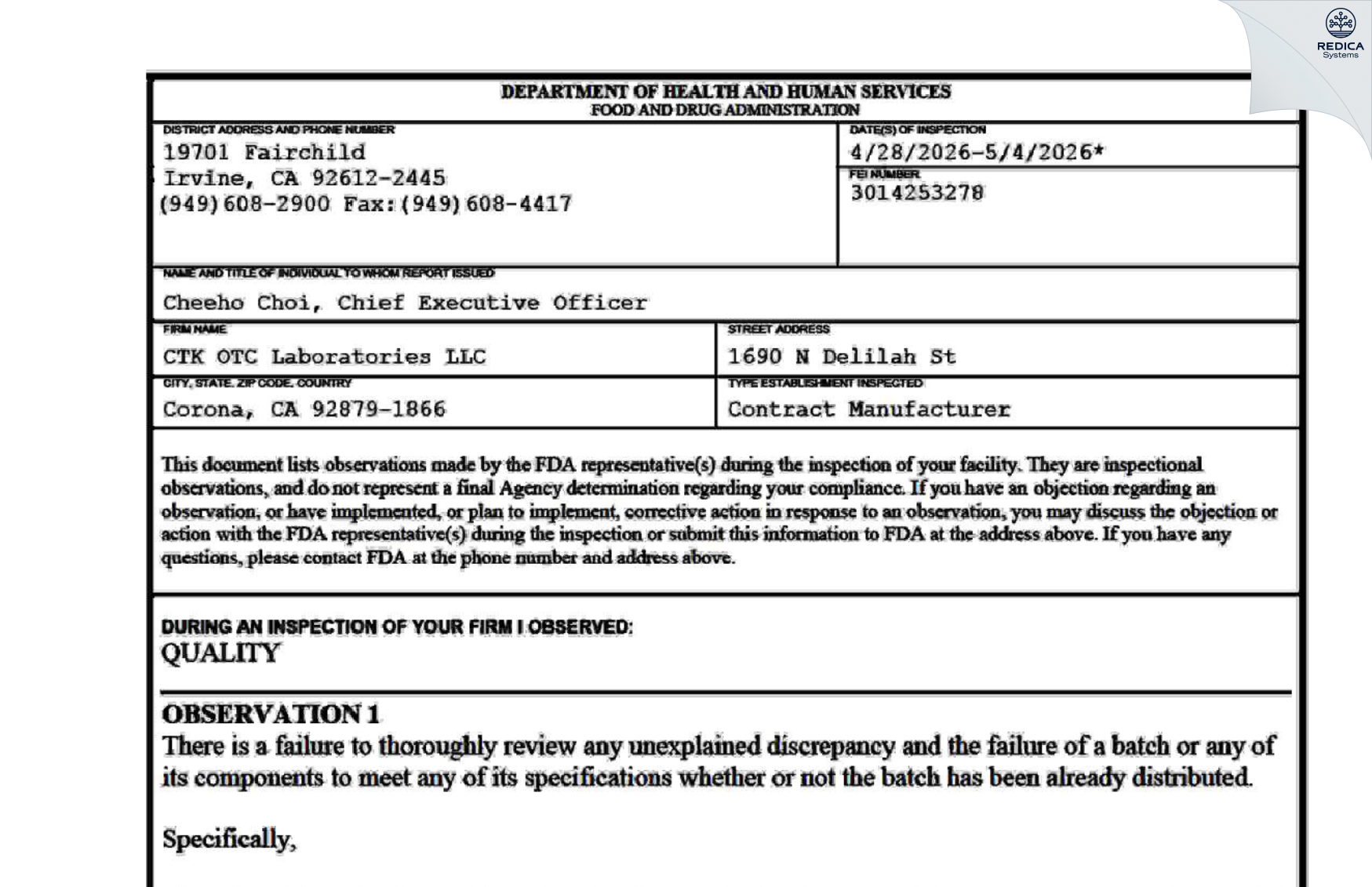 FDA 483 - FMK LABS, INC. [Corona / United States of America] - Download PDF - Redica Systems