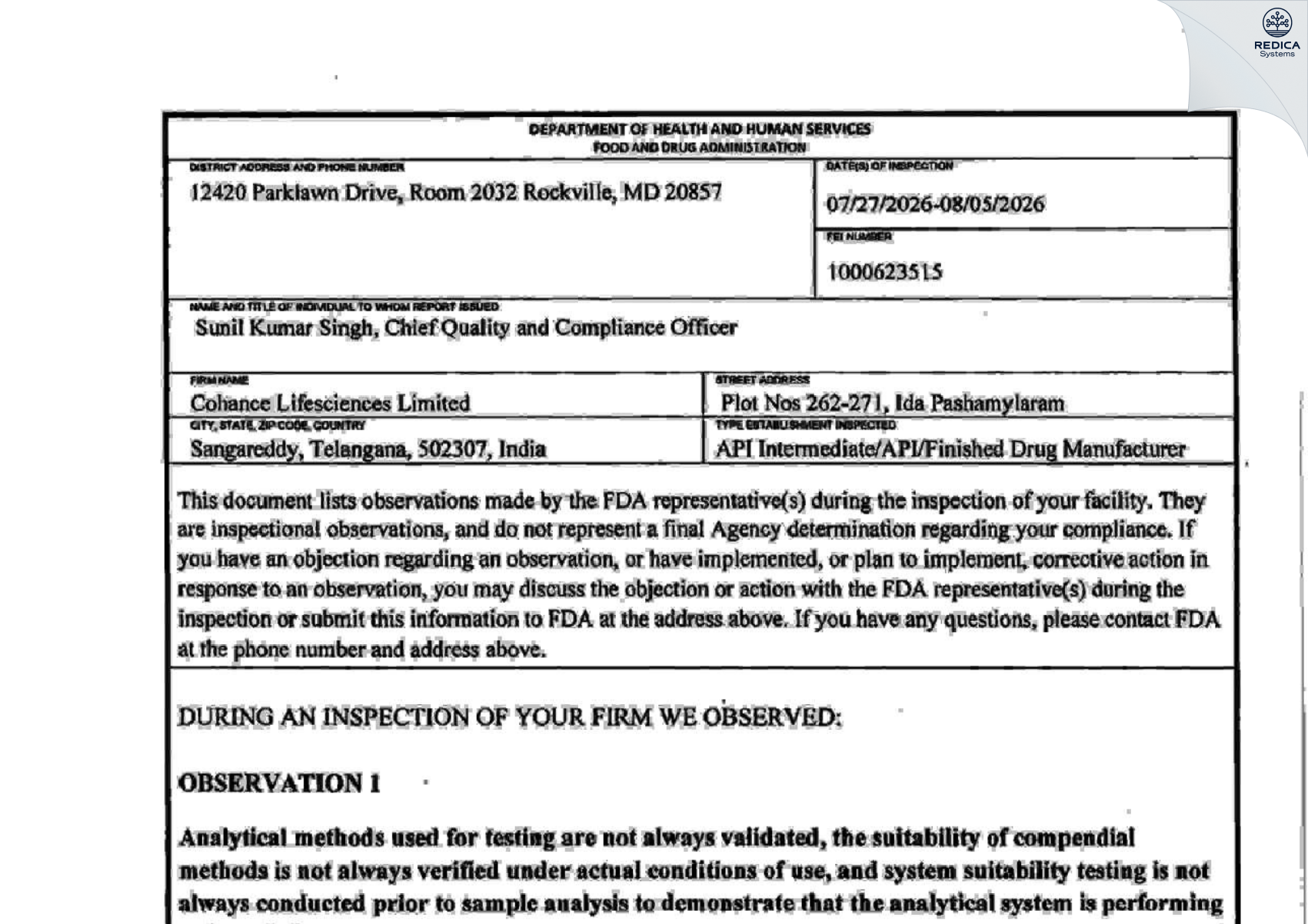 FDA 483 - Suven Pharmaceuticals Limited [Patancheru / India] - Download PDF - Redica Systems