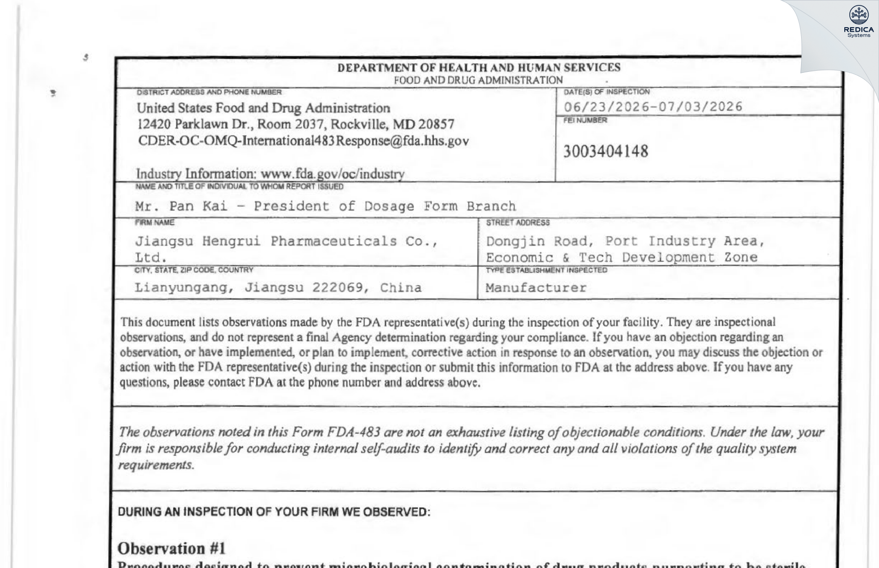 FDA 483 - Jiangsu Hengrui Pharmaceuticals Co., Ltd. (Dongjin Road Site) [Lianyungang / China] - Download PDF - Redica Systems