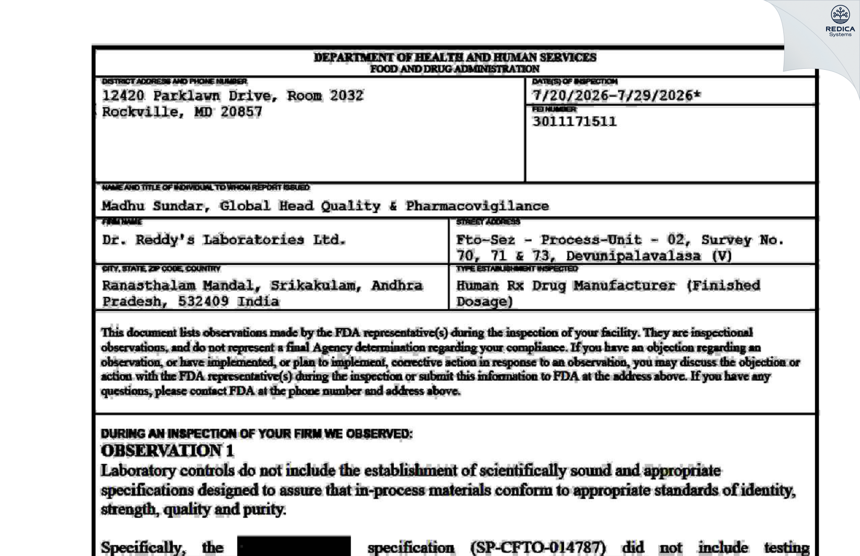 FDA 483 - Dr. Reddy's Laboratories Limited [Ranastalam / India] - Download PDF - Redica Systems