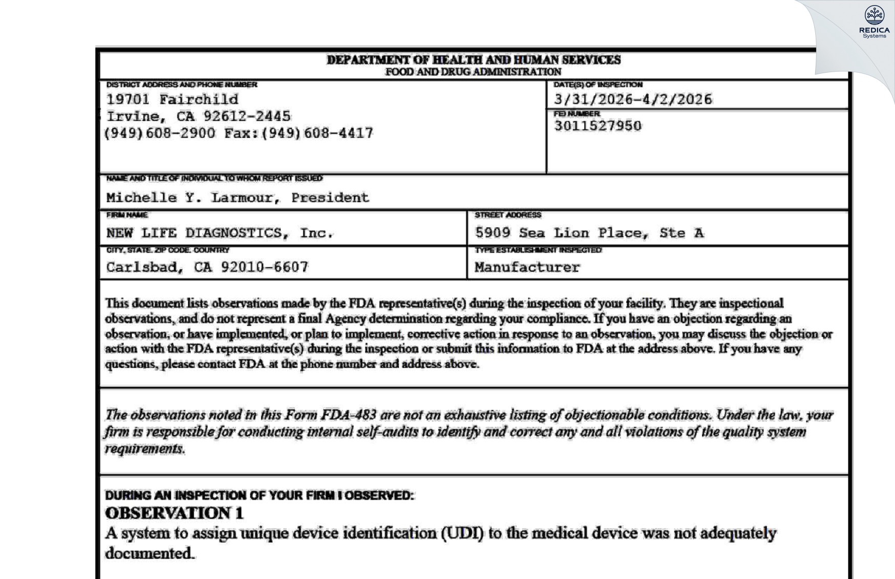 FDA 483 - NEW LIFE DIAGNOSTICS LLC [Carlsbad / United States of America] - Download PDF - Redica Systems