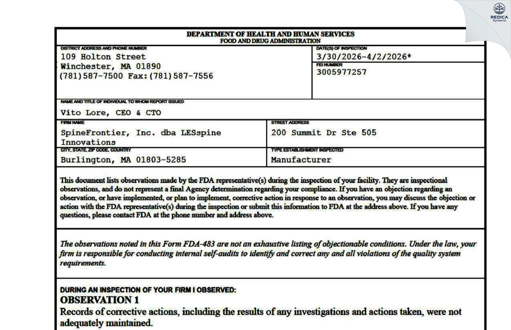 FDA 483 - SpineFrontier, Inc. [Malden / United States of America] - Download PDF - Redica Systems