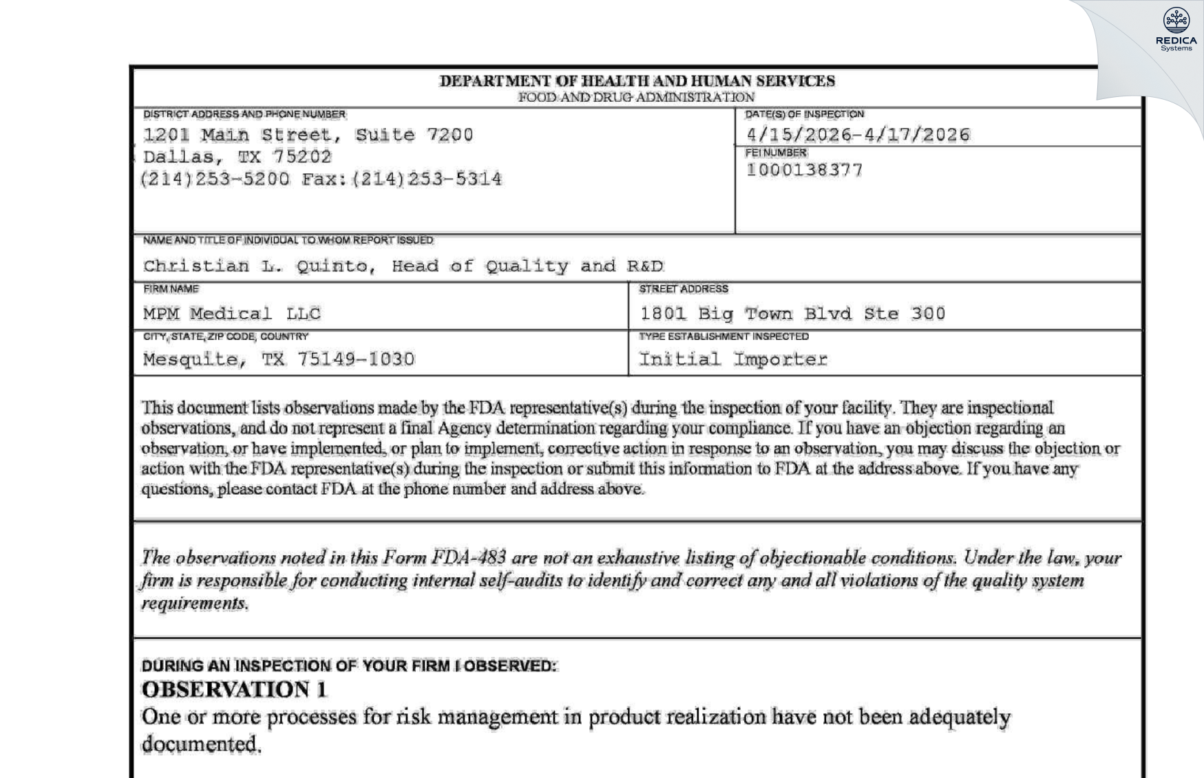 FDA 483 - MPM Medical LLC [Mesquite / United States of America] - Download PDF - Redica Systems