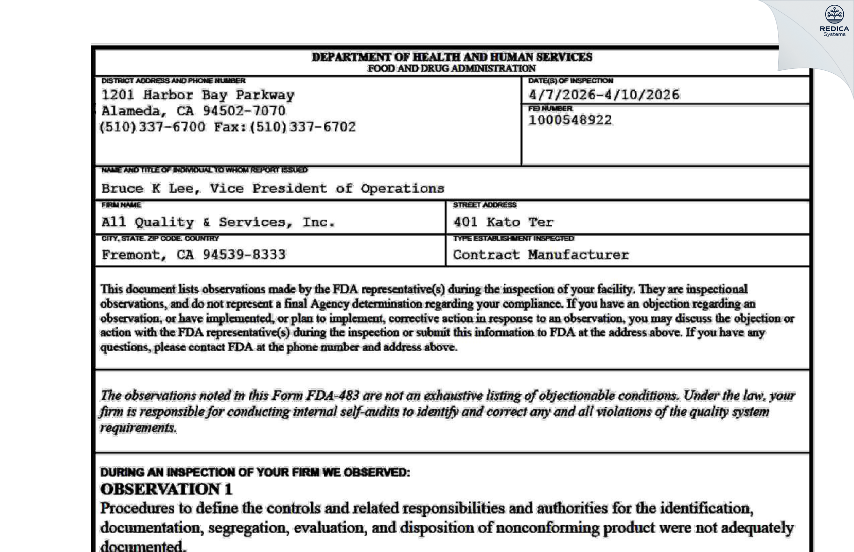 FDA 483 - All Quality & Services, Inc. [Fremont / United States of America] - Download PDF - Redica Systems