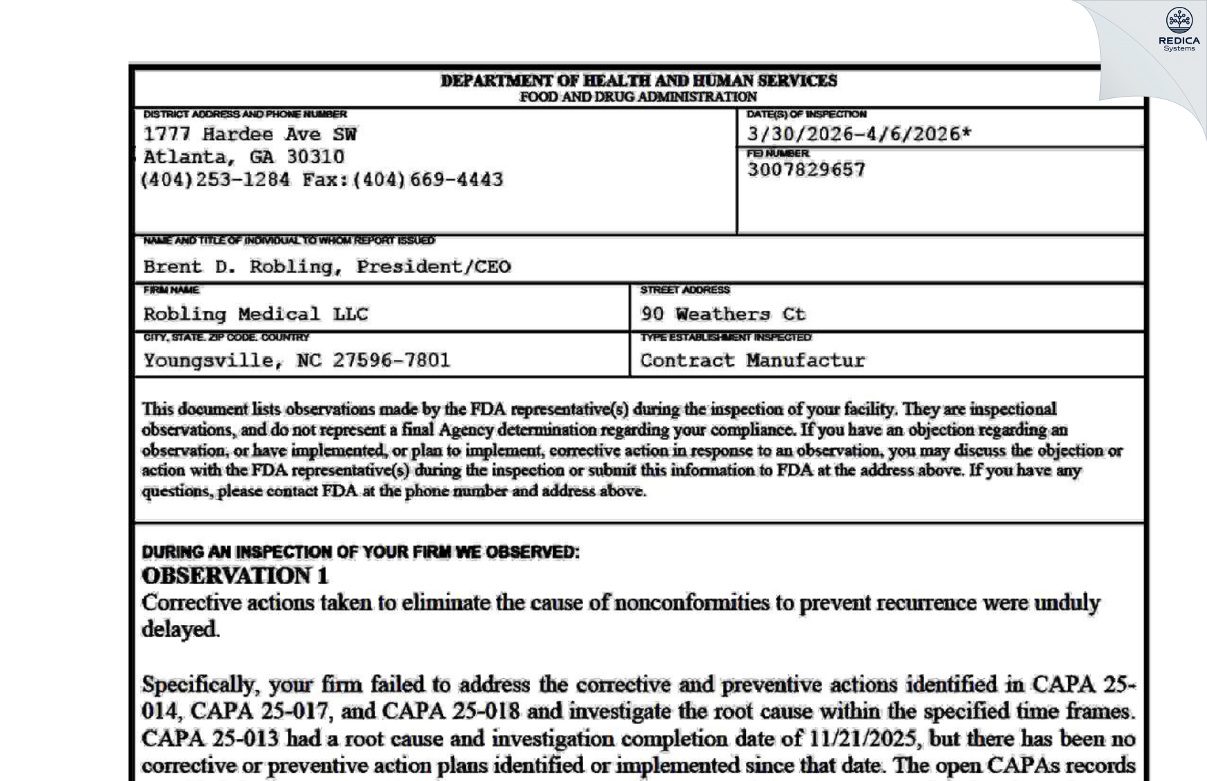 FDA 483 - Robling Medical Inc [Youngsville / United States of America] - Download PDF - Redica Systems