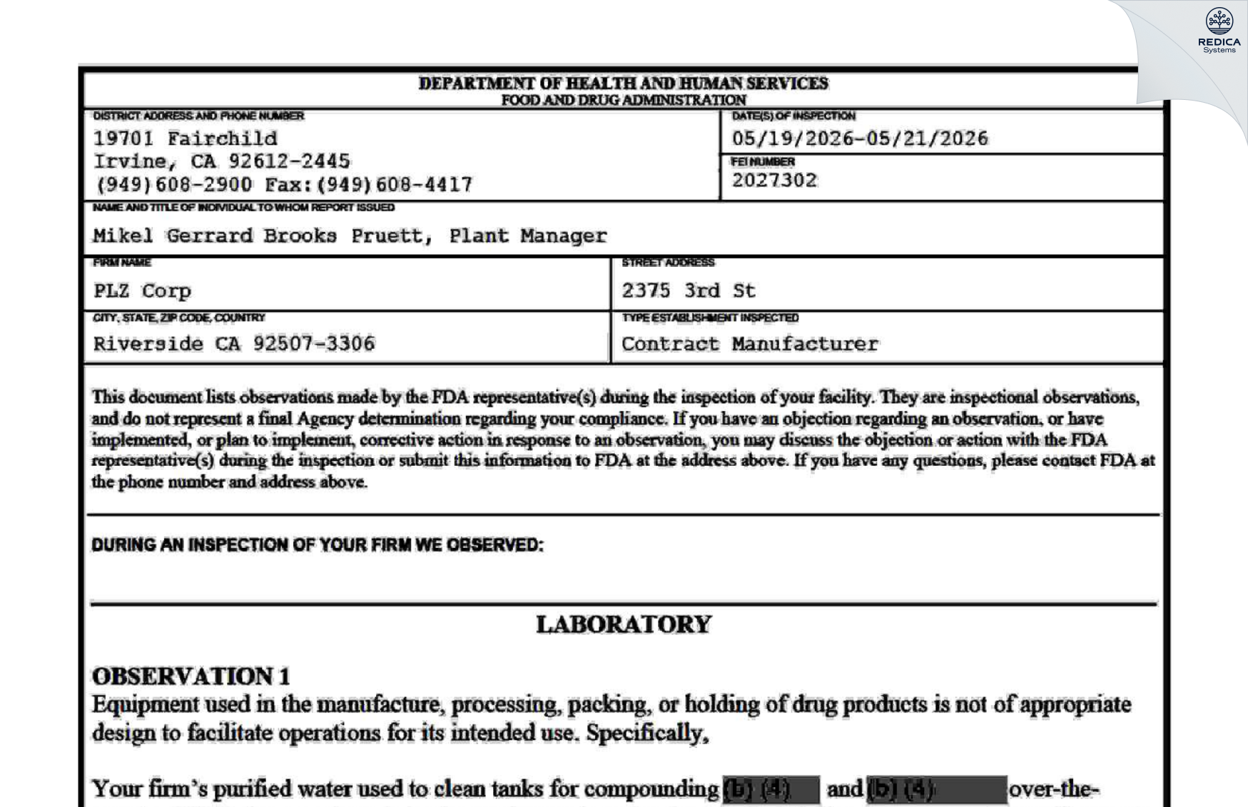FDA 483 - 220 Laboratories LLC. [Riverside / United States of America] - Download PDF - Redica Systems