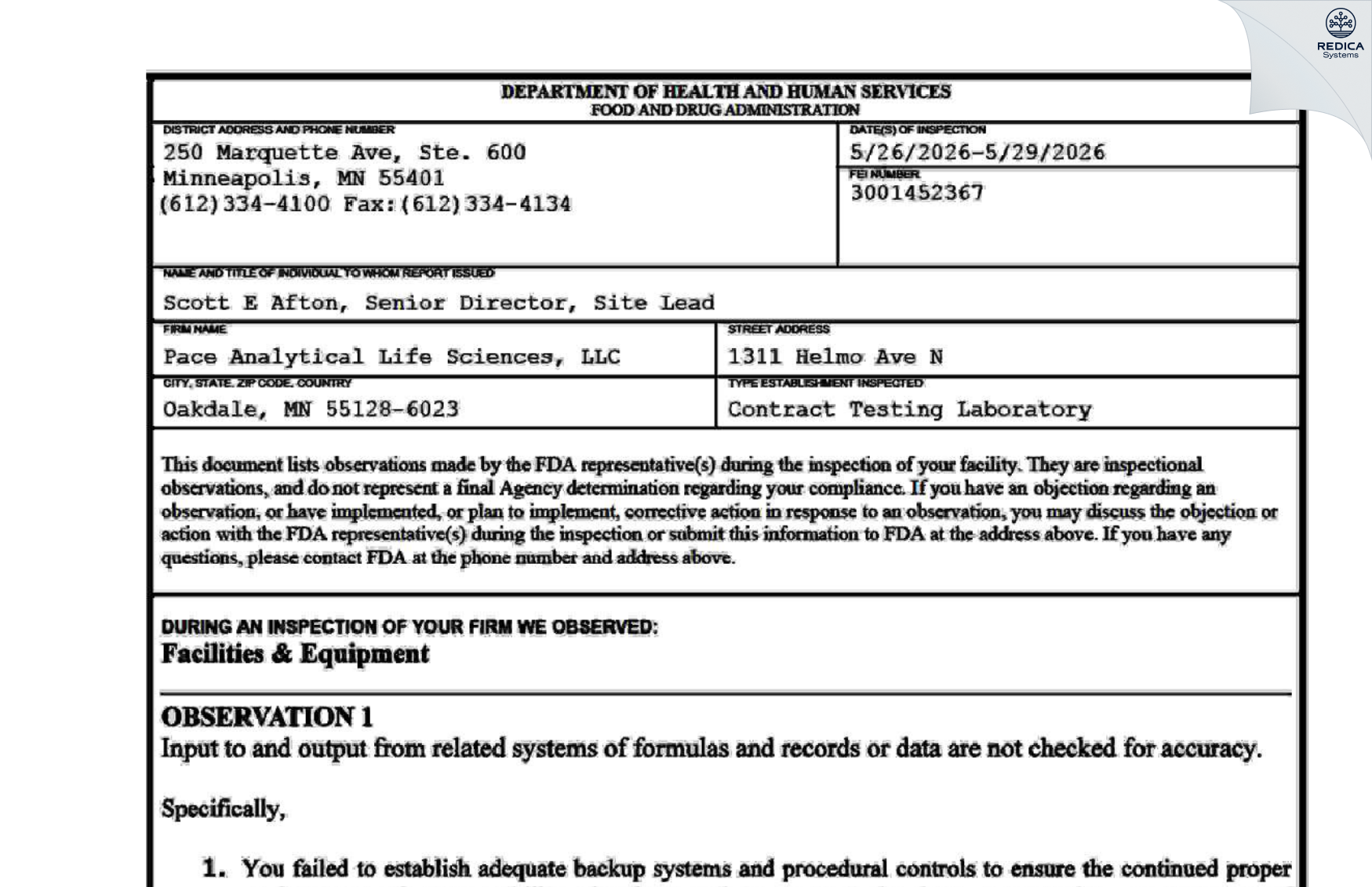 FDA 483 - Pace Analytical Life Sciences,LLC [Saint Paul / United States of America] - Download PDF - Redica Systems
