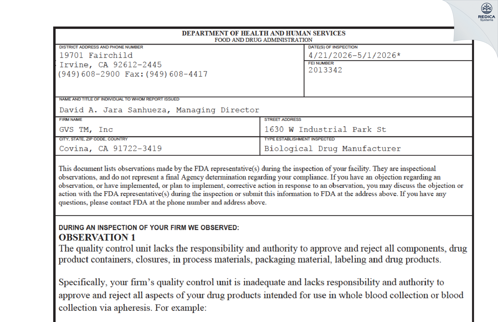 FDA 483 - Haemonetics Manufacturing, Inc. [Covina / United States of America] - Download PDF - Redica Systems