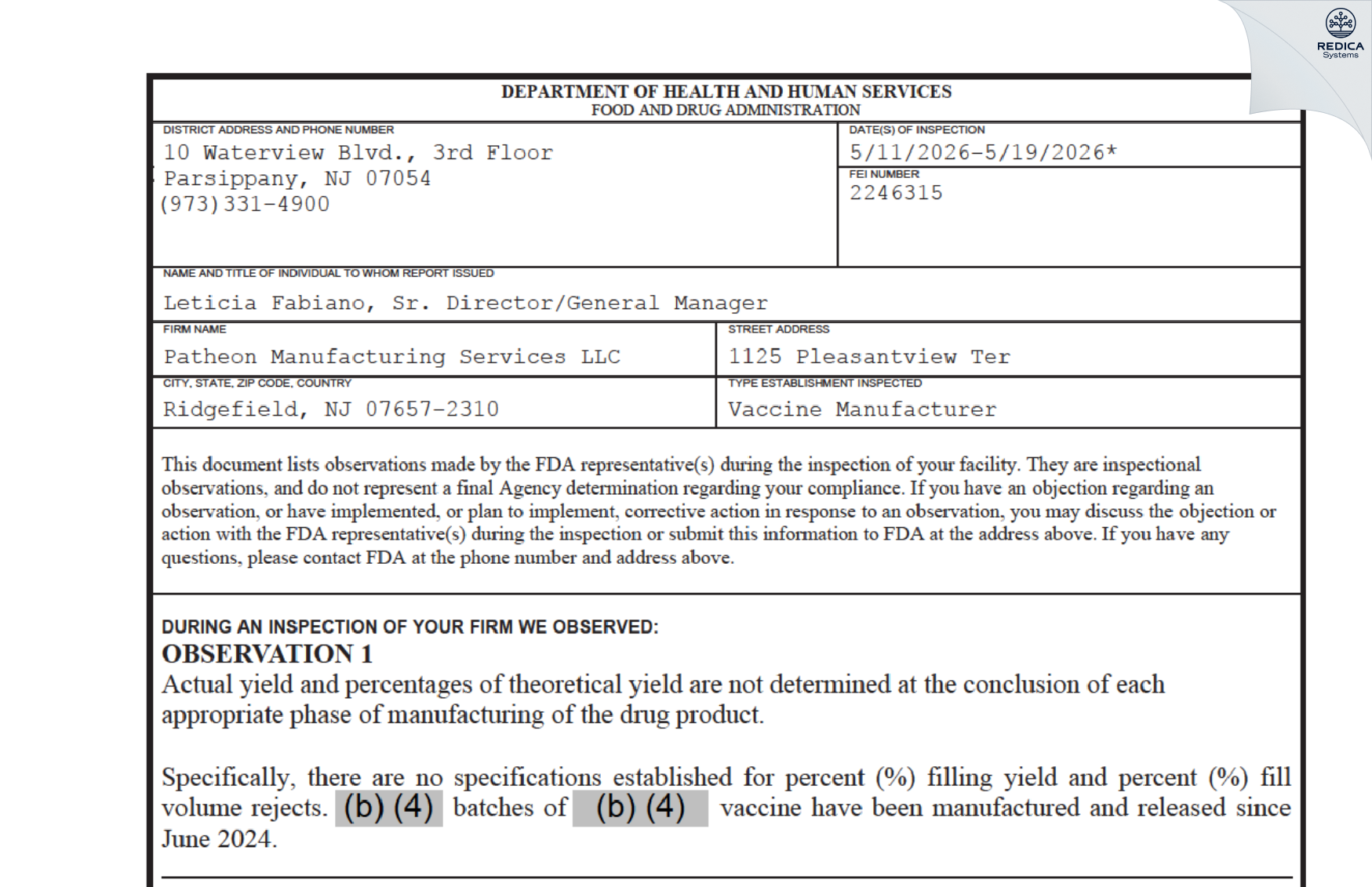 FDA 483 - Genzyme Corporation [Ridgefield / United States of America] - Download PDF - Redica Systems