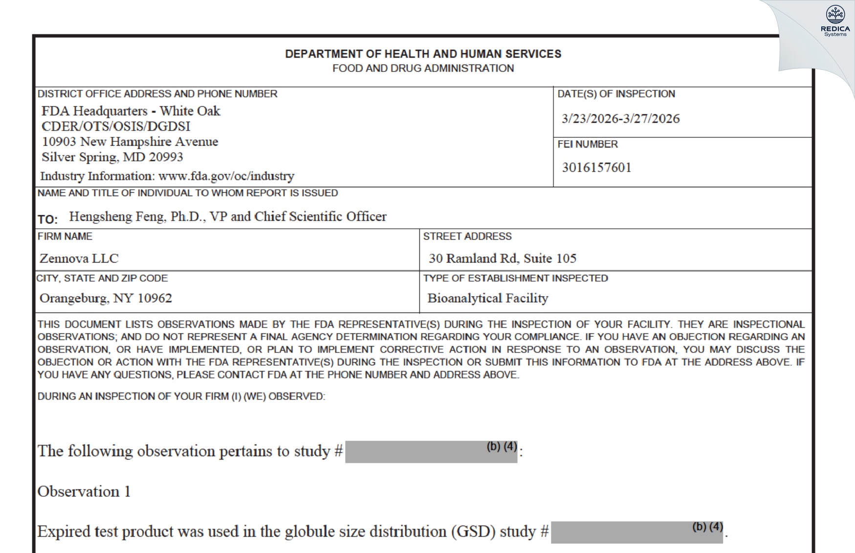 FDA 483 - Zennova LLC [Orangeburg / United States of America] - Download PDF - Redica Systems