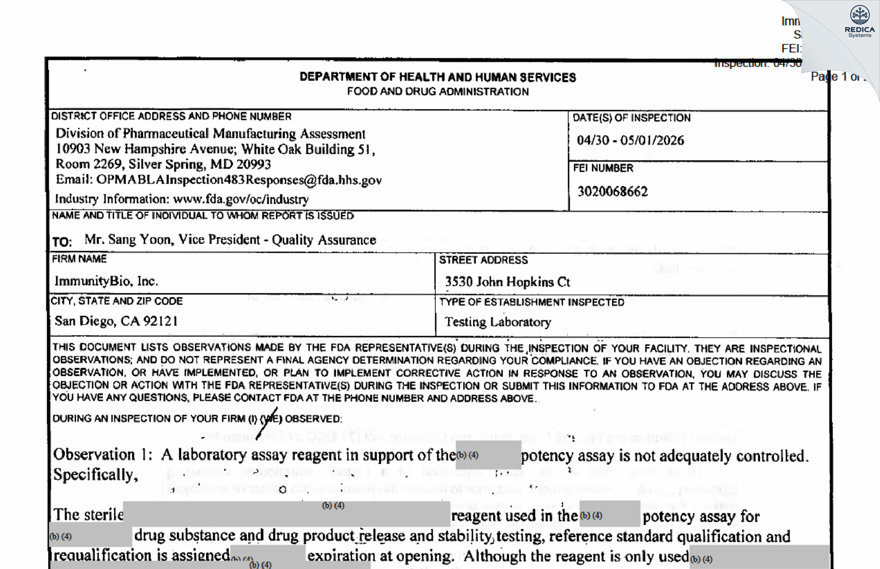 FDA 483 - ImmunityBio, Inc. [San Diego / United States of America] - Download PDF - Redica Systems