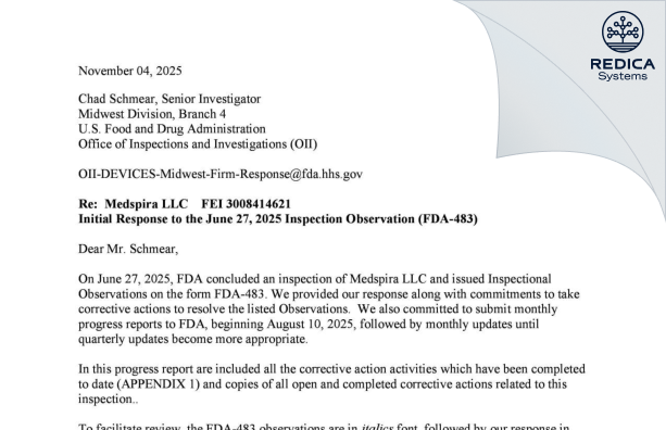 FDA 483 Response - Medspira, Llc [Minneapolis / United States of America] - Download PDF - Redica Systems