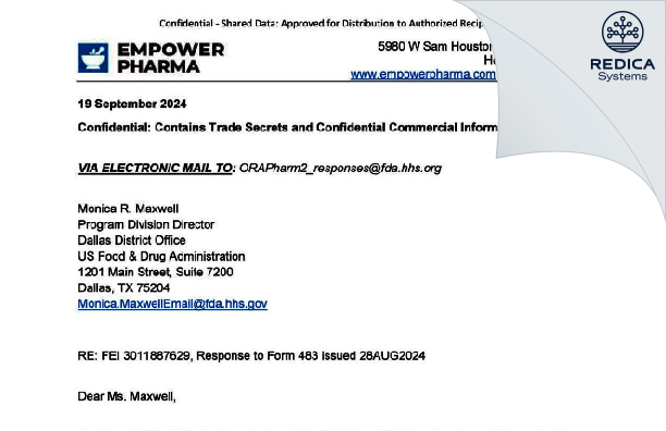 FDA 483 Response - Empower Clinic Services LLC dba Empower Pharmacy [Houston / United States of America] - Download PDF - Redica Systems