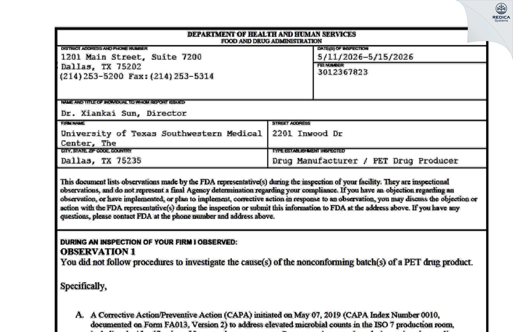 FDA 483 - The University of Texas Southwestern Medical Center [Dallas / United States of America] - Download PDF - Redica Systems