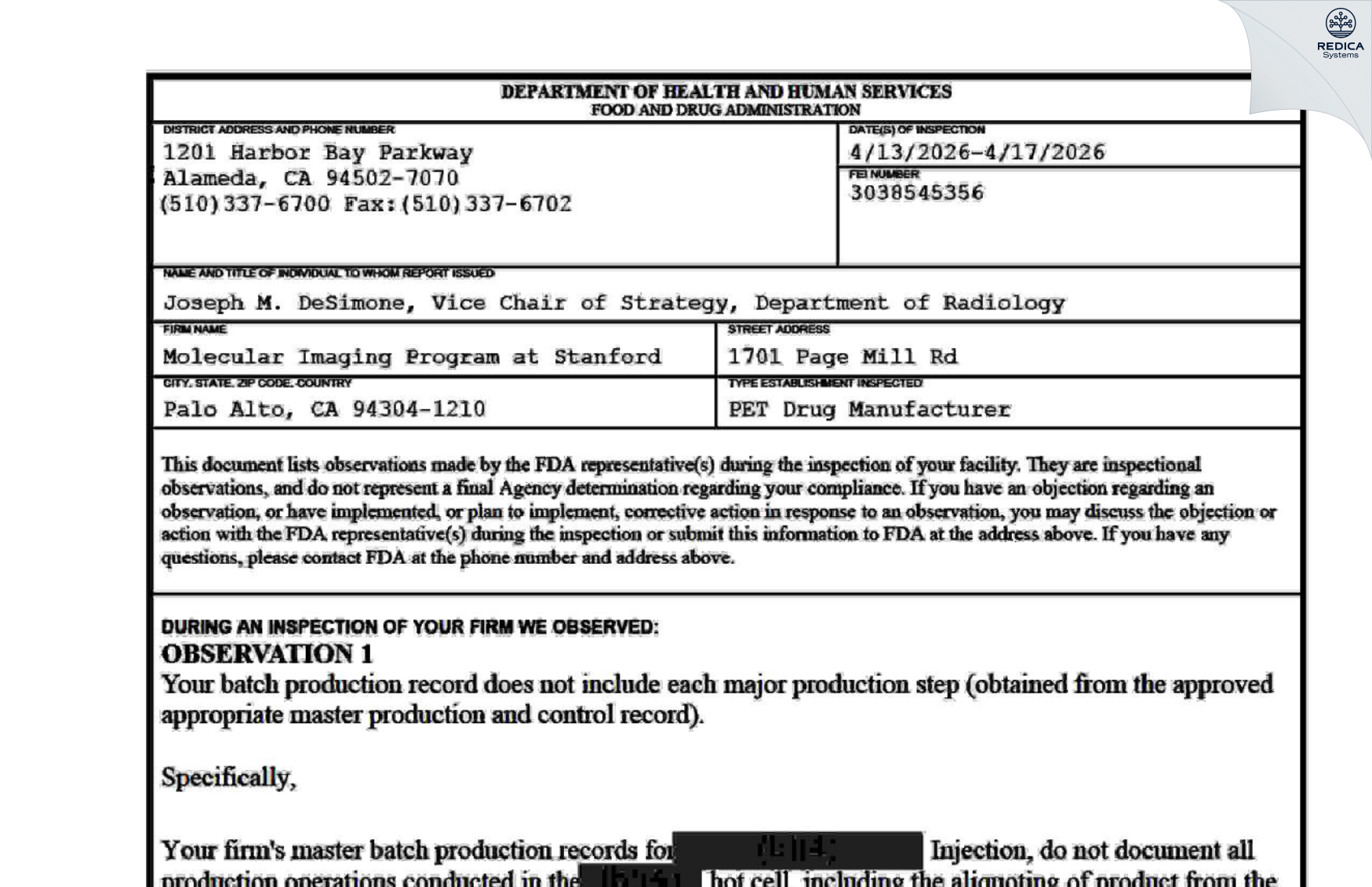 FDA 483 - Molecular Imaging Program at Stanford [Palo Alto / United States of America] - Download PDF - Redica Systems