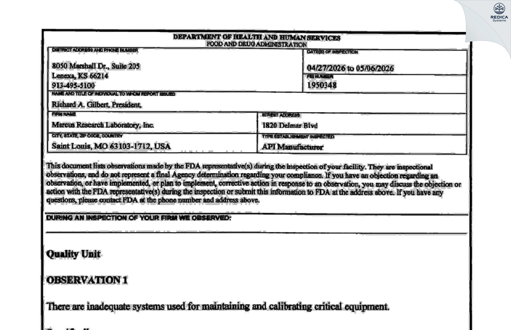 FDA 483 - Marcus Research Laboratory, Inc. [Saint Louis / United States of America] - Download PDF - Redica Systems