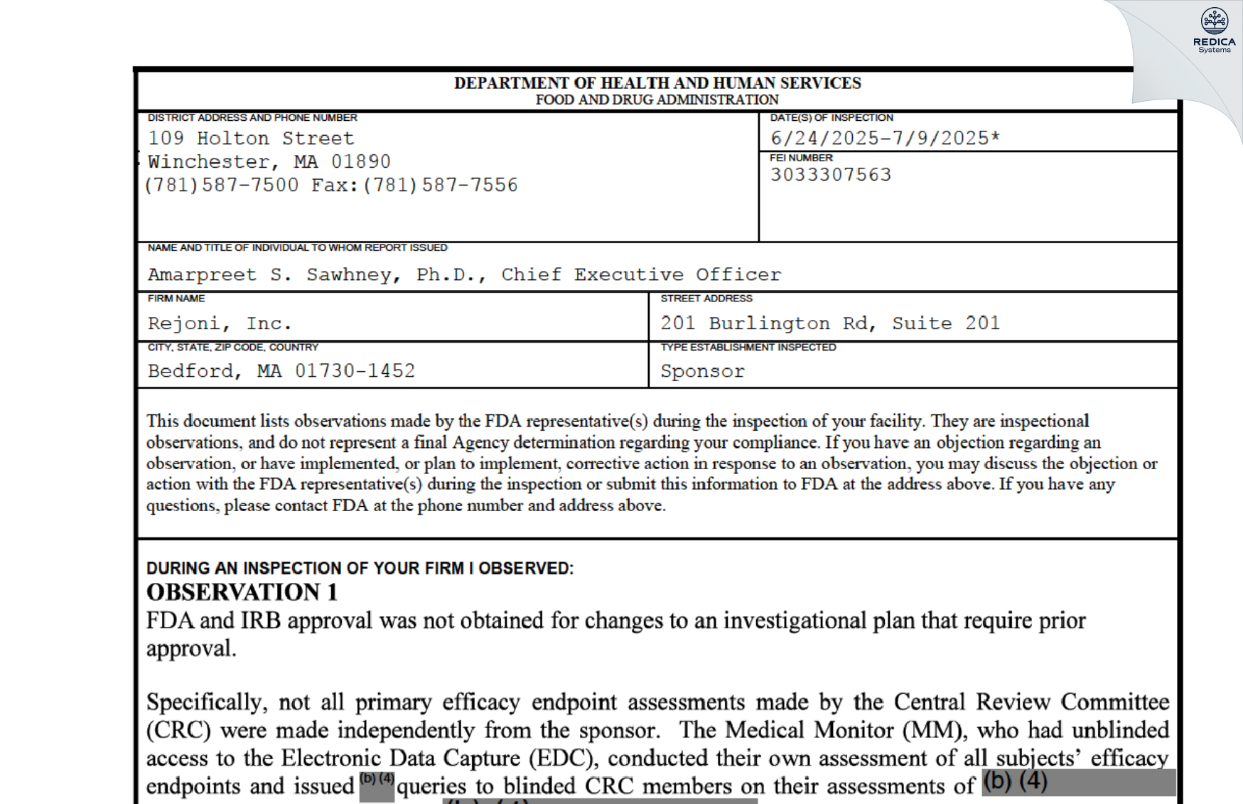 FDA 483 - REJONI, INC [Bedford / United States of America] - Download PDF - Redica Systems