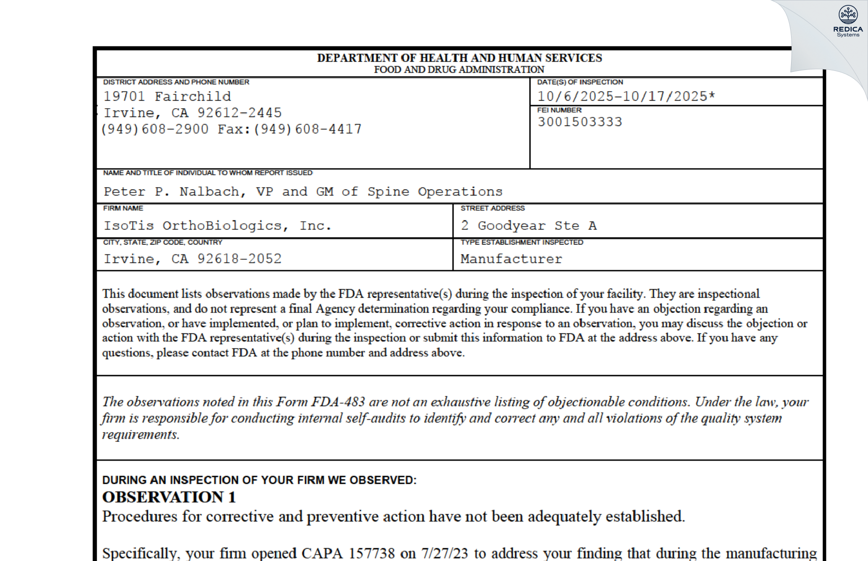FDA 483 - IsoTis OrthoBiologics, Inc. [Irvine / United States of America] - Download PDF - Redica Systems