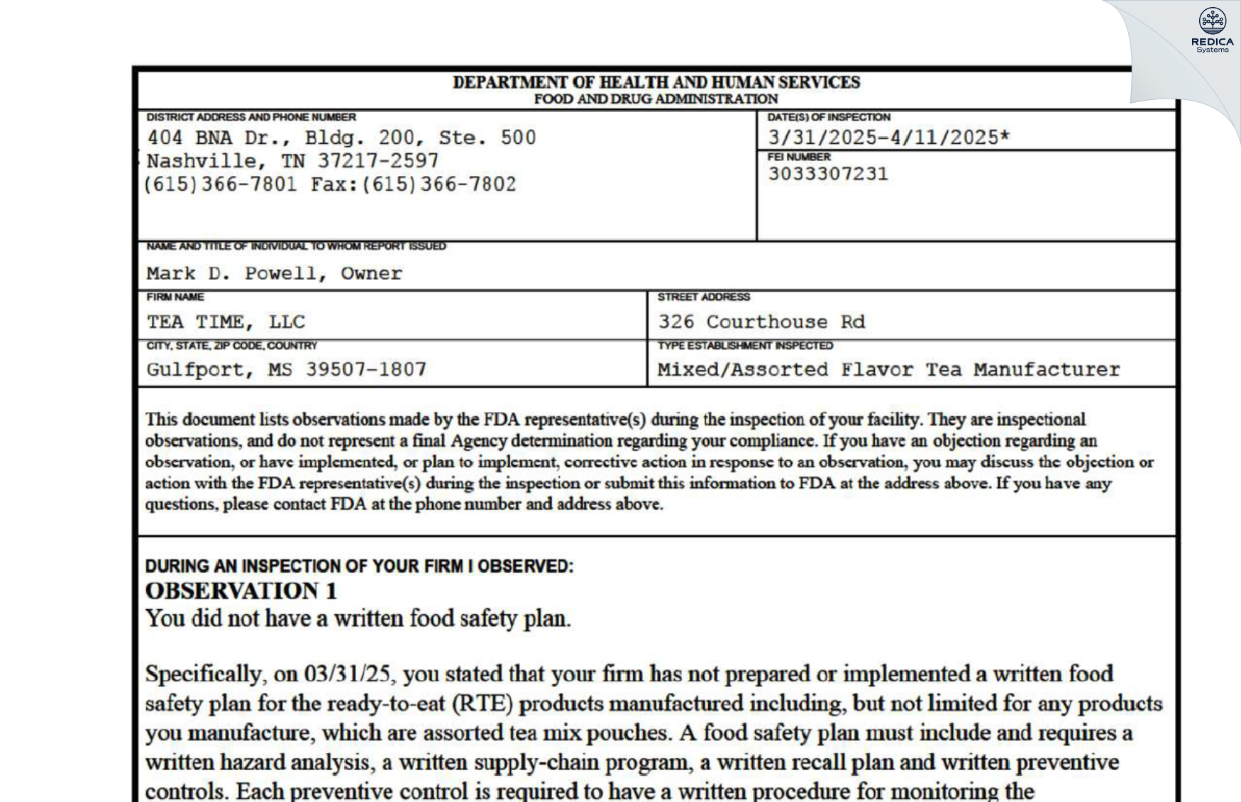 FDA 483 - TEA TIME, LLC [Gulfport / United States of America] - Download PDF - Redica Systems