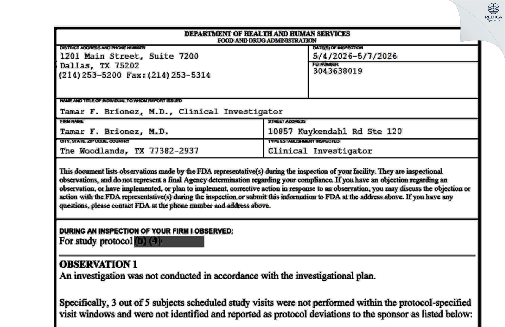FDA 483 - Tamar F. Brionez, M.D. [Spring / United States of America] - Download PDF - Redica Systems