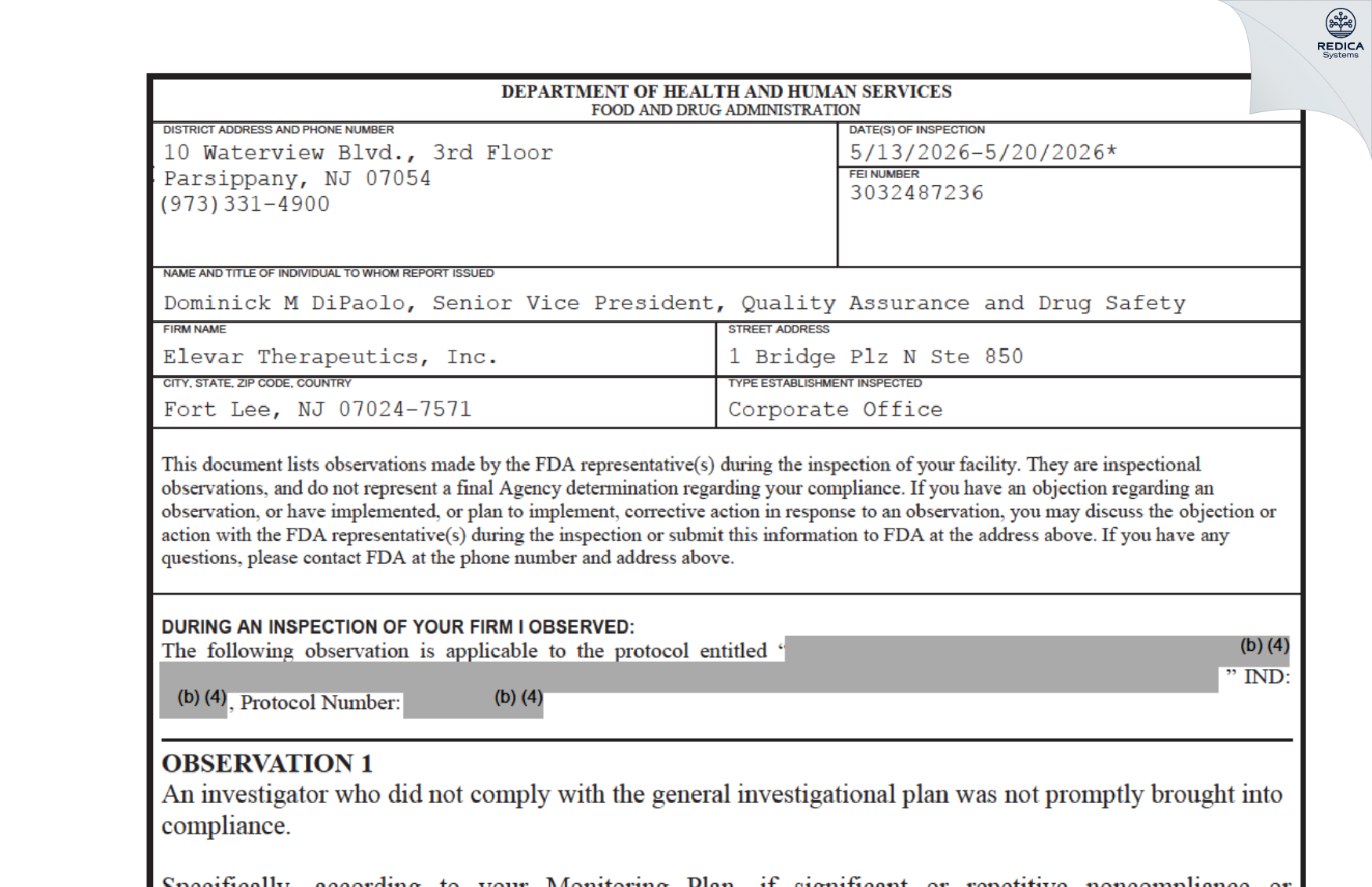 FDA 483 - Elevar Therapeutics, Inc. [Fort Lee / United States of America] - Download PDF - Redica Systems