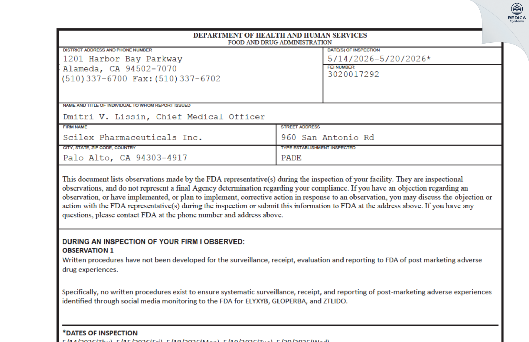 FDA 483 - Scilex Pharmaceuticals Inc. [Palo Alto / United States of America] - Download PDF - Redica Systems