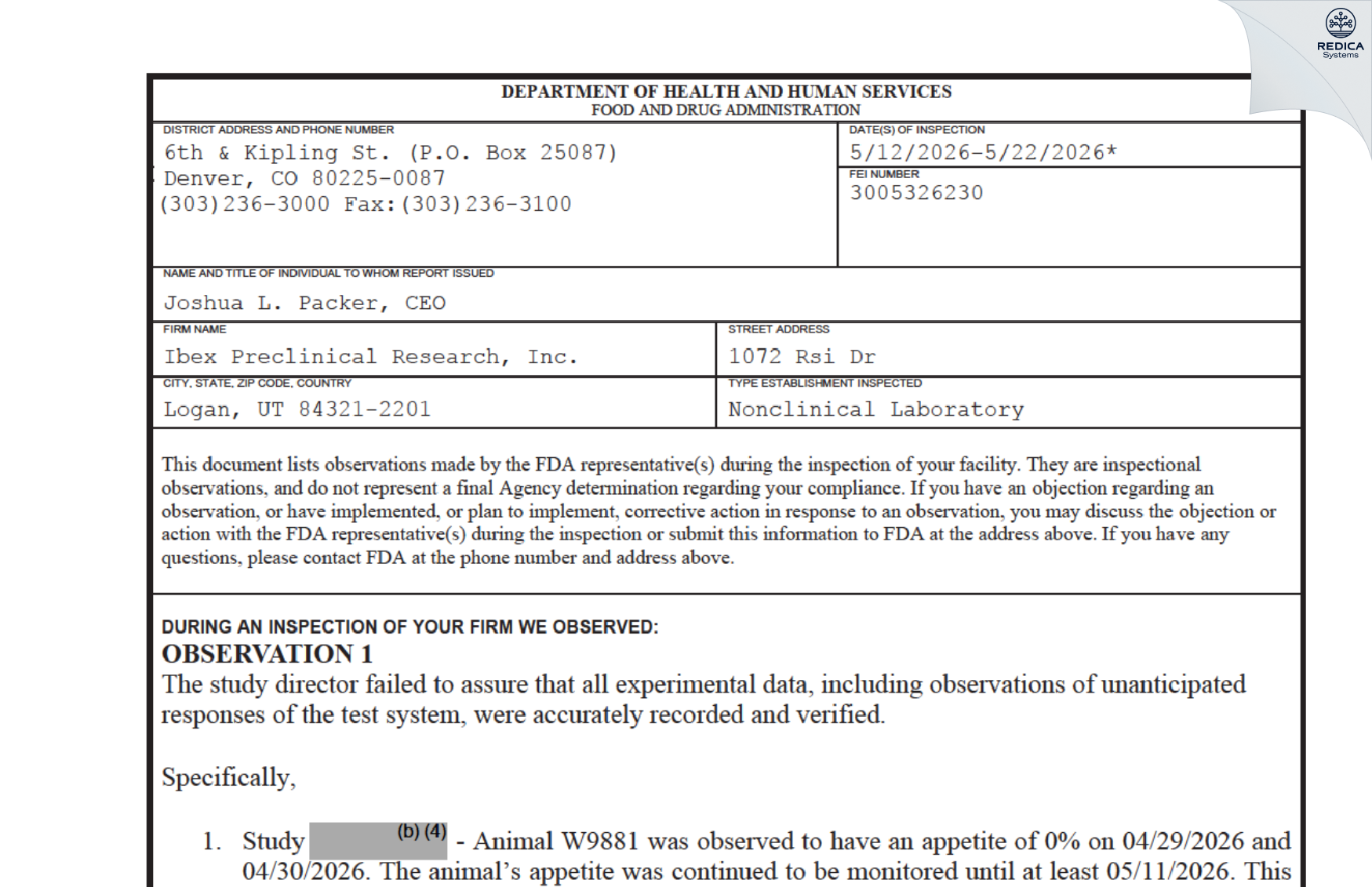 FDA 483 - Ibex Preclinical Research, Inc. [Logan / United States of America] - Download PDF - Redica Systems