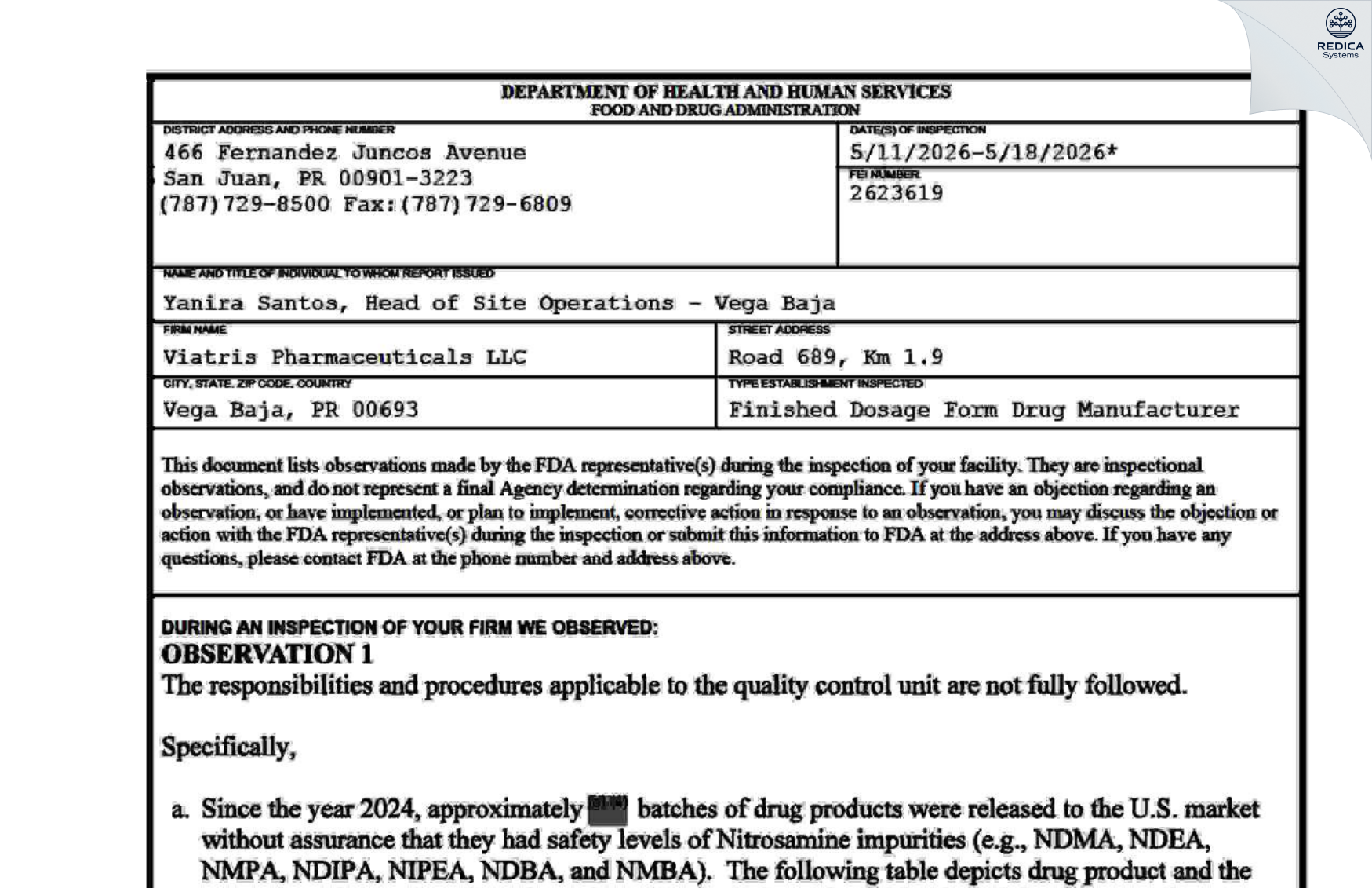 FDA 483 - Viatris Pharmaceuticals LLC [Ceiba / Puerto Rico] - Download PDF - Redica Systems
