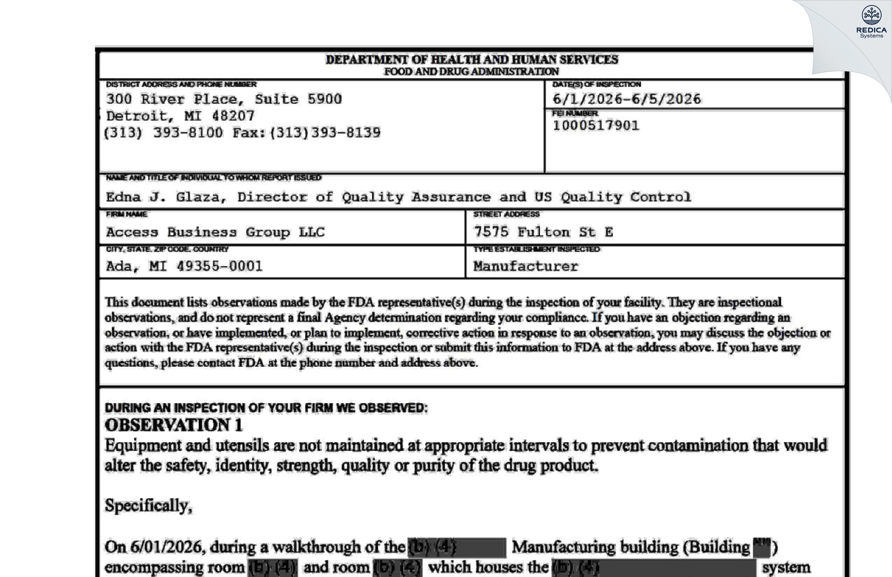 FDA 483 - Access Business Group LLC [Ada / United States of America] - Download PDF - Redica Systems