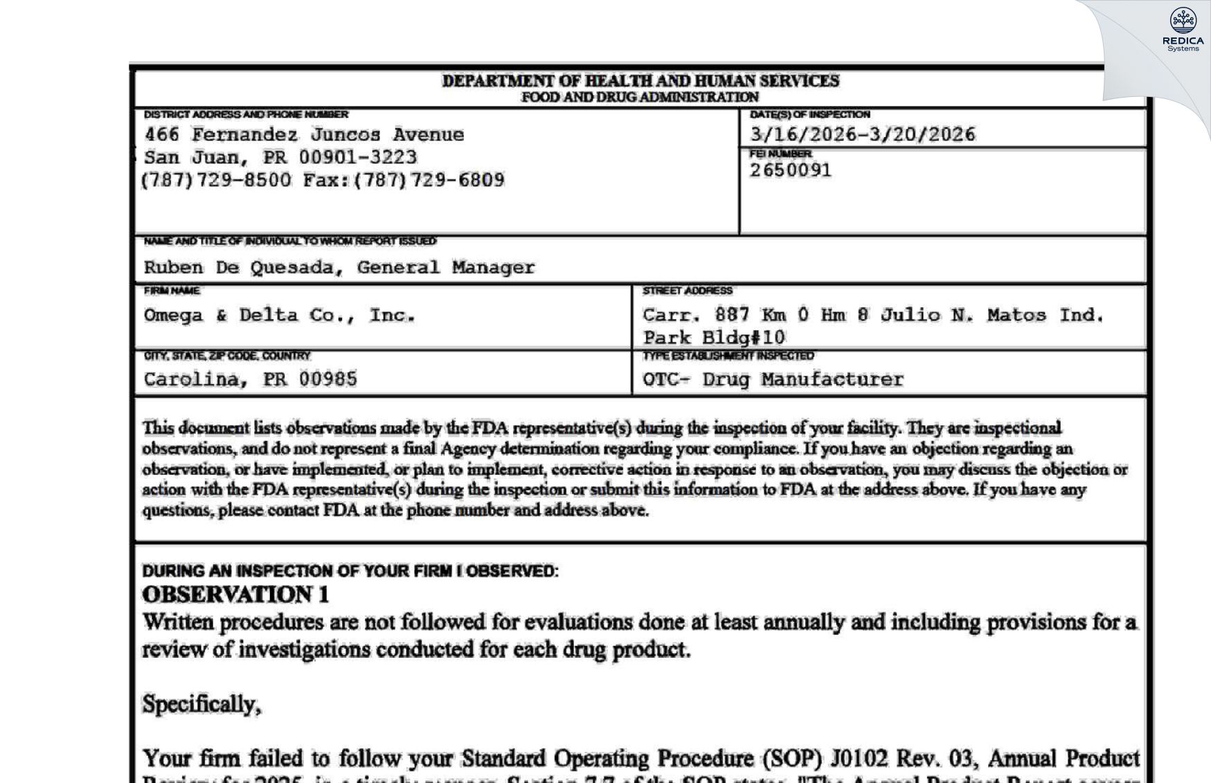 FDA 483 - Omega & Delta Co. Inc. [San Antón / Puerto Rico] - Download PDF - Redica Systems