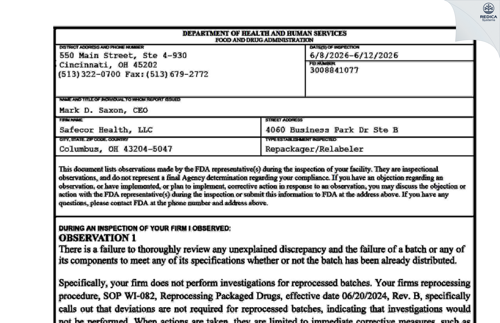 FDA 483 - Safecor Health, LLC [Columbus / United States of America] - Download PDF - Redica Systems