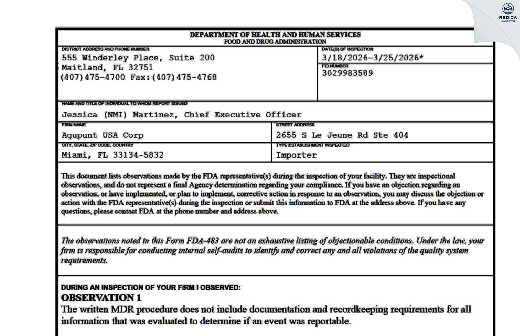FDA 483 - AGUPUNT USA Corp. [Miami / United States of America] - Download PDF - Redica Systems