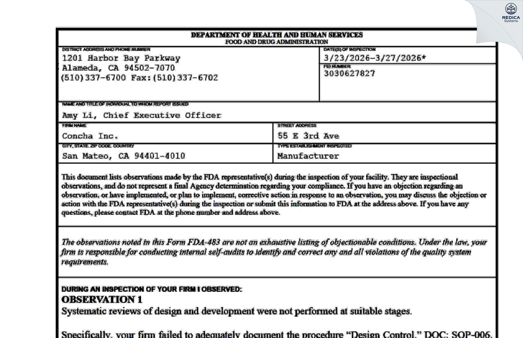 FDA 483 - CONCHA INC. [San Mateo / United States of America] - Download PDF - Redica Systems