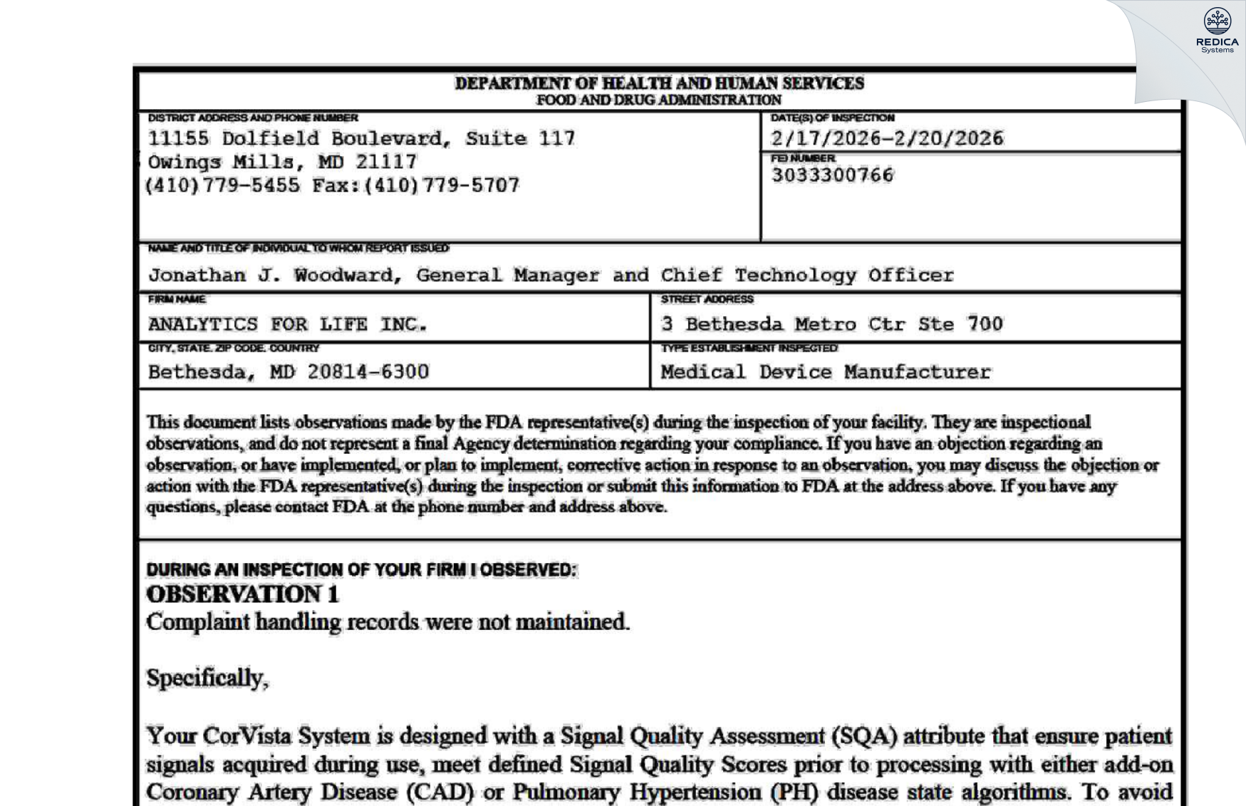 FDA 483 - ANALYTICS FOR LIFE INC. [Bethesda / United States of America] - Download PDF - Redica Systems