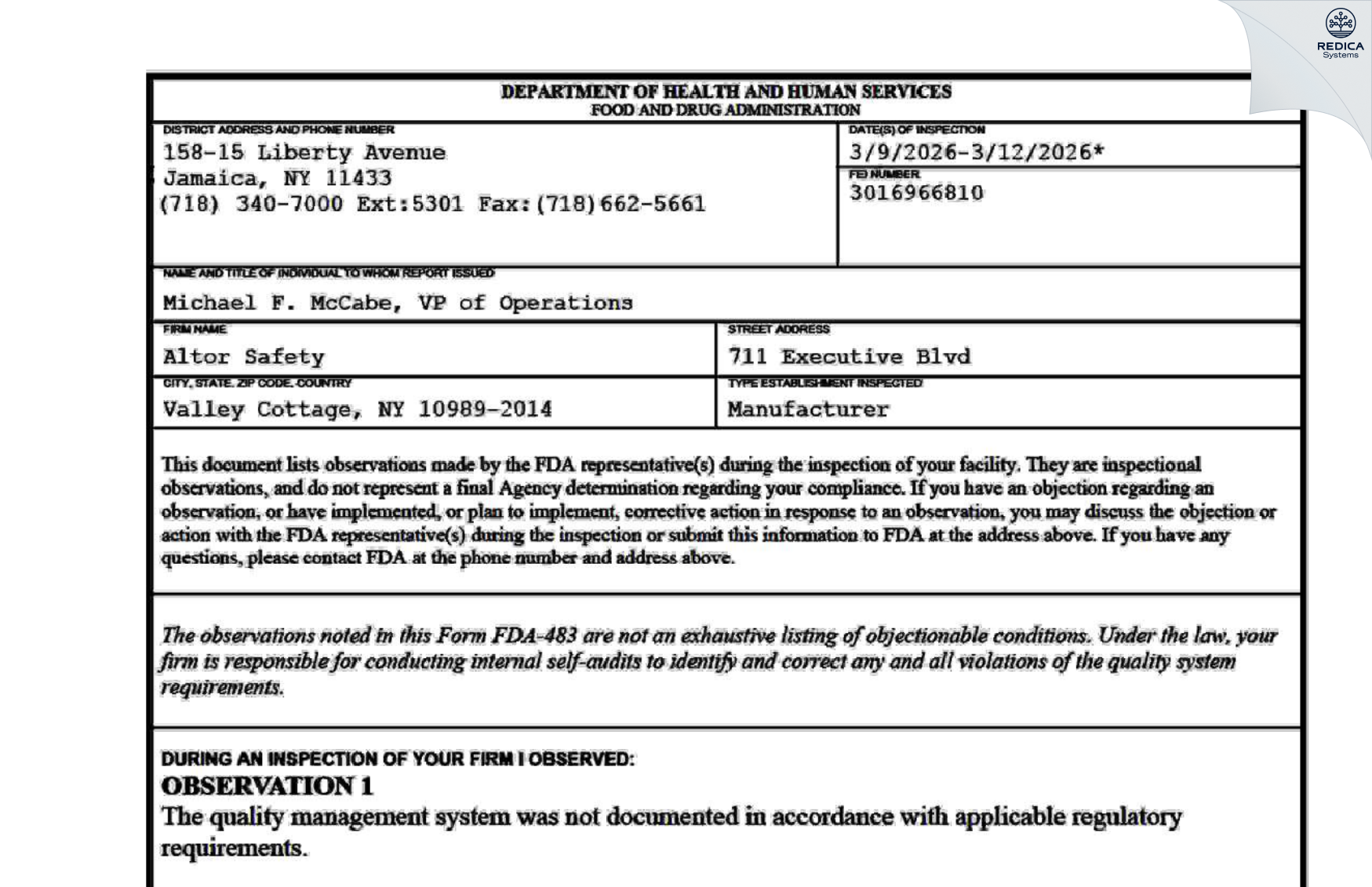 FDA 483 - ALTOR SAFETY [Valley Cottage / United States of America] - Download PDF - Redica Systems