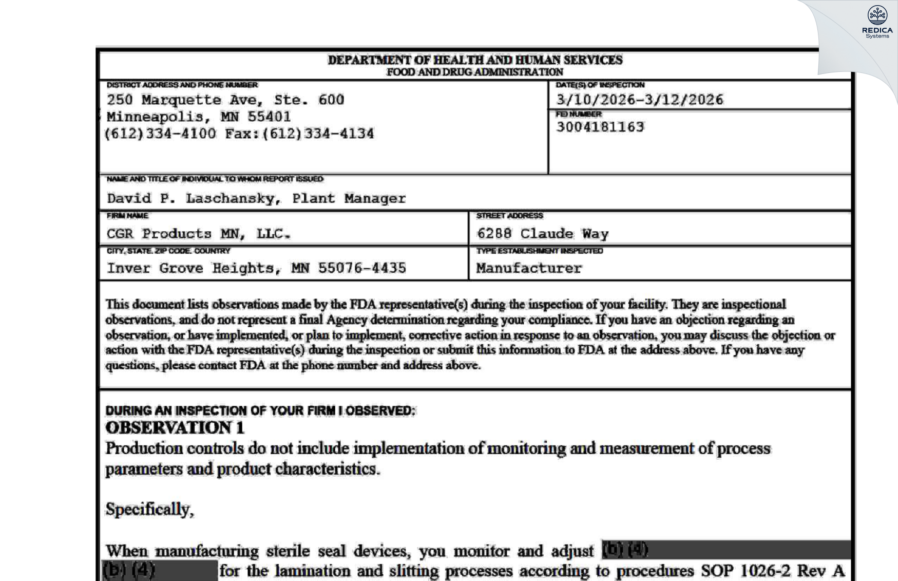 FDA 483 - CGR Products MN, LLC. [Inver Grove Heights / United States of America] - Download PDF - Redica Systems